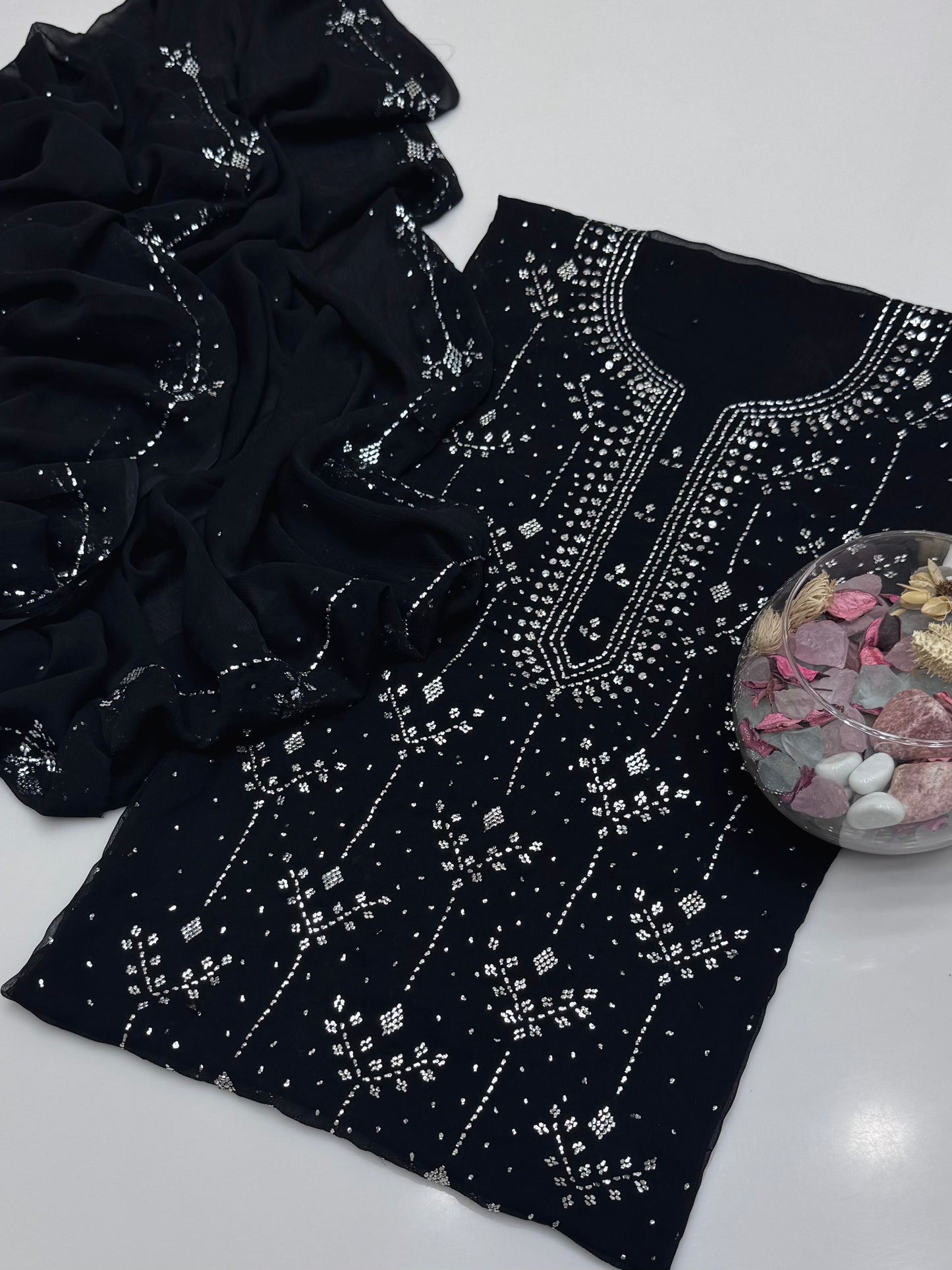 Handmade Button Barfi Mukesh Work On Soft Krinkle Shifoon 2pc Suit…