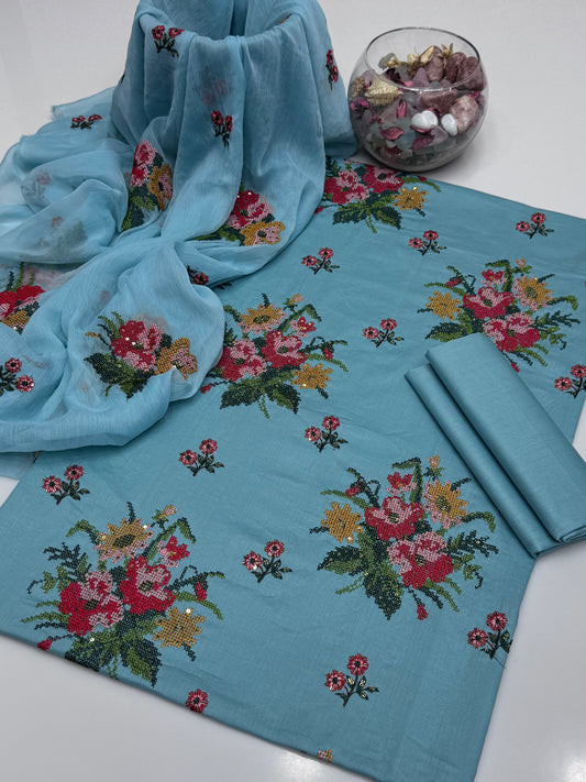 Computer Crosstich Sequence Embroidery On Pure Lawn 3pc Dress 👗