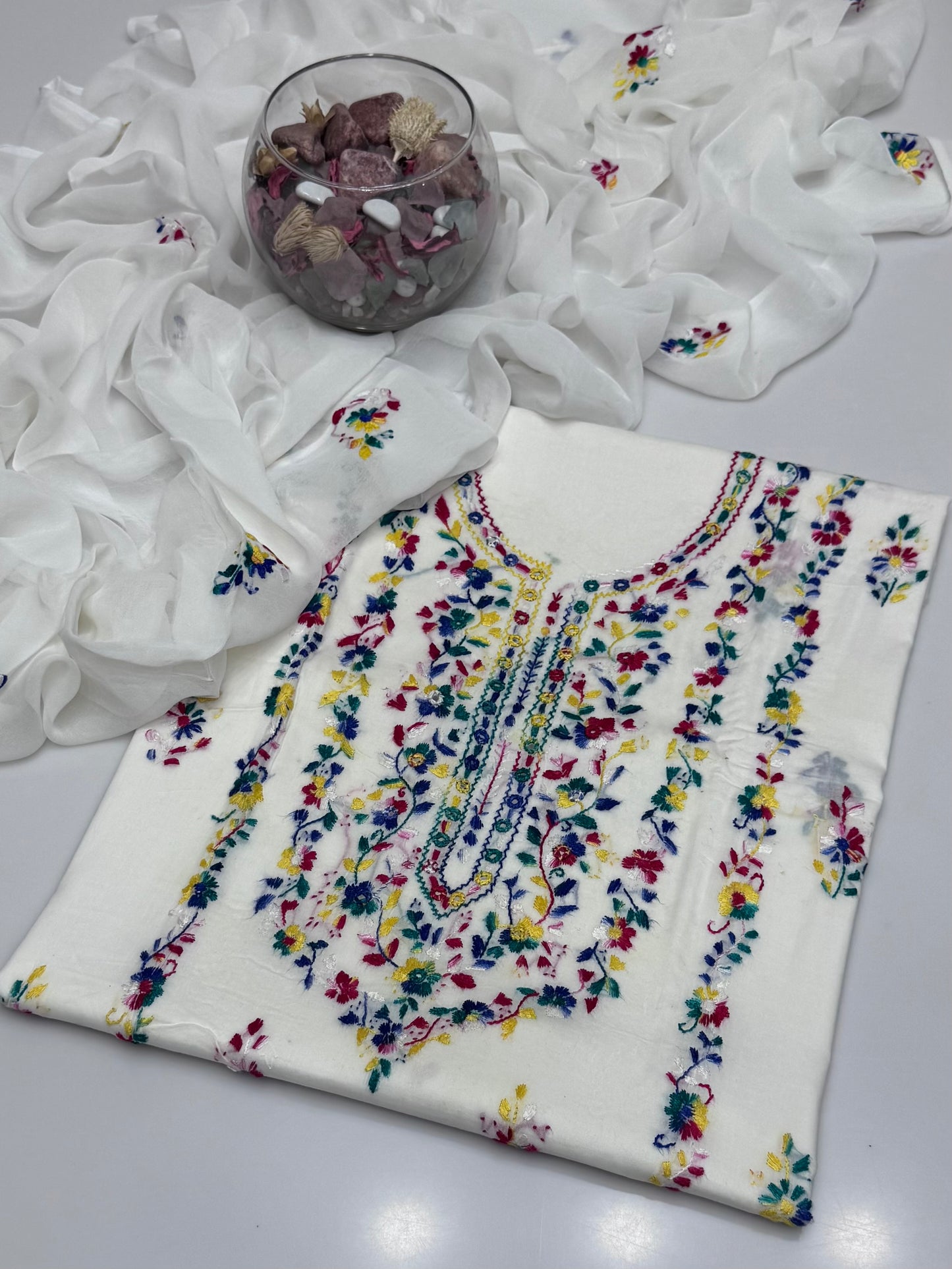 Handmade Multi Pakka Tanka With Mirror Work On Pure Gtm Lawn 3pc Suits