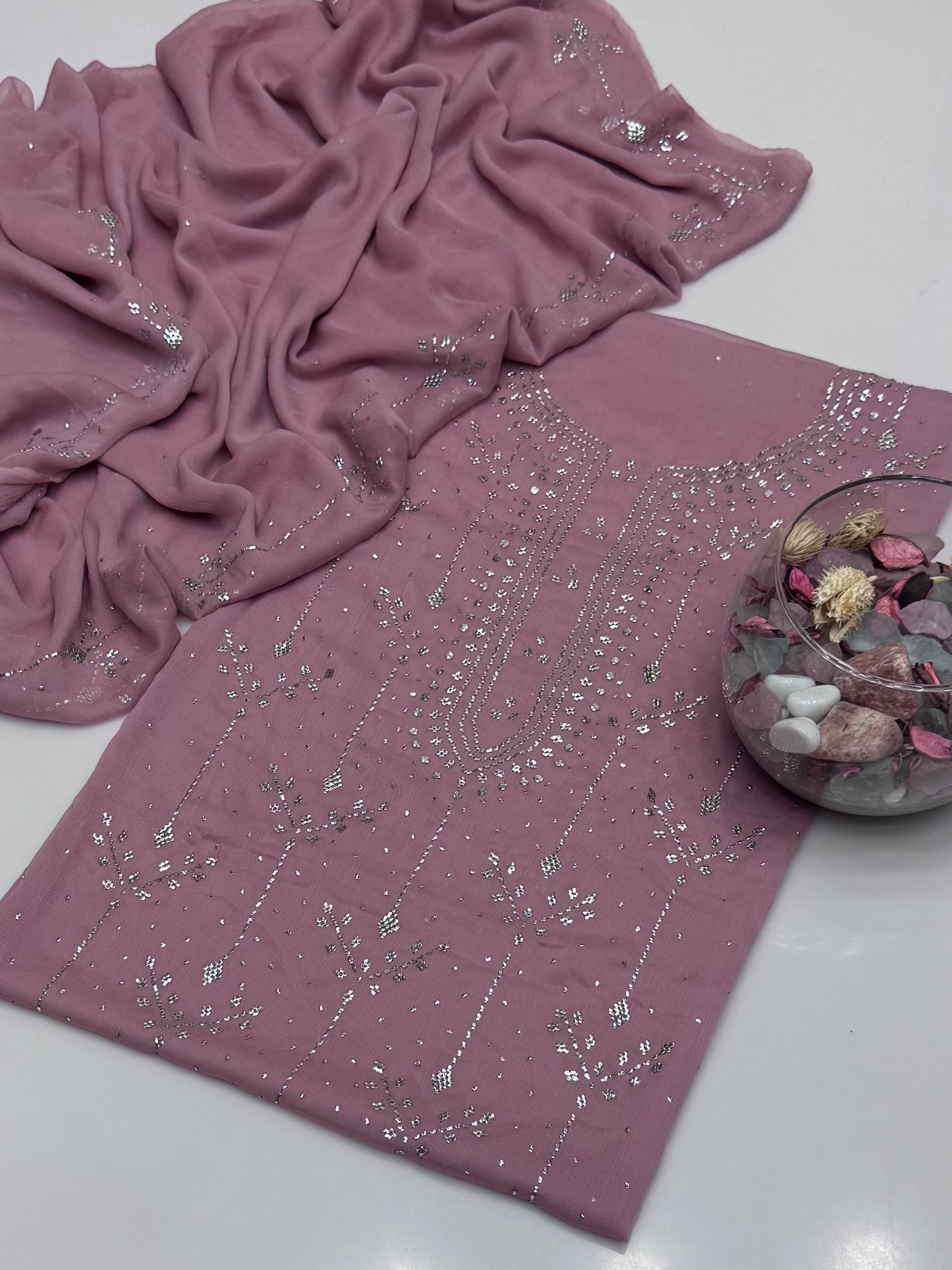 Handmade Button Barfi Mukesh Work On Soft Krinkle Shifoon 2pc Suit…