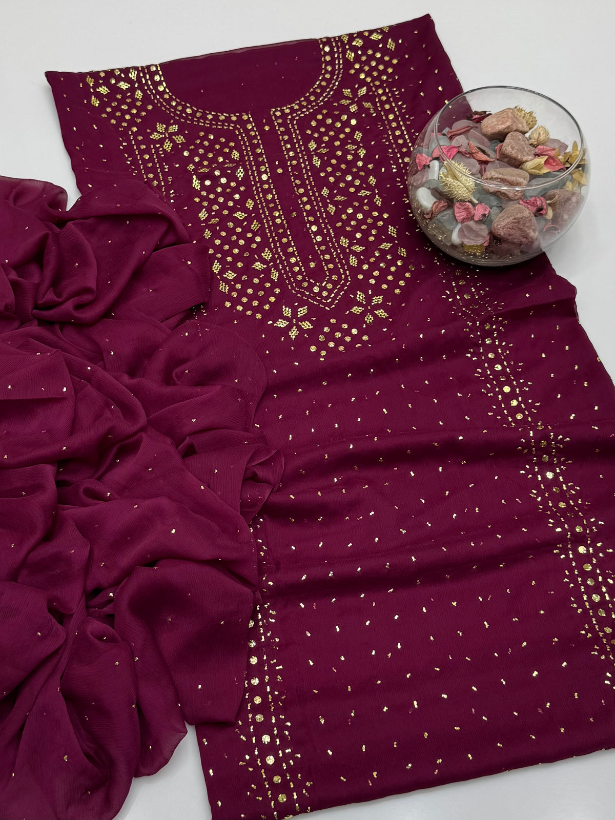 Handmade Golden Mukesh Work On Soft Krinkle Shifoon 2pc Dress 👗
