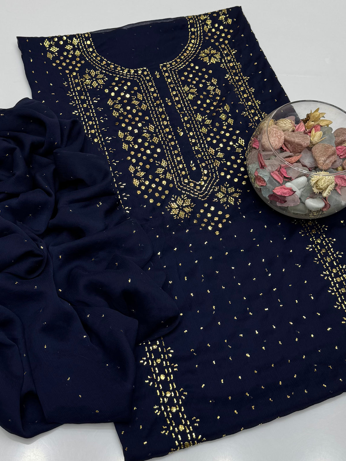 Handmade Golden Mukesh Work On Soft Krinkle Shifoon 2pc Dress 👗