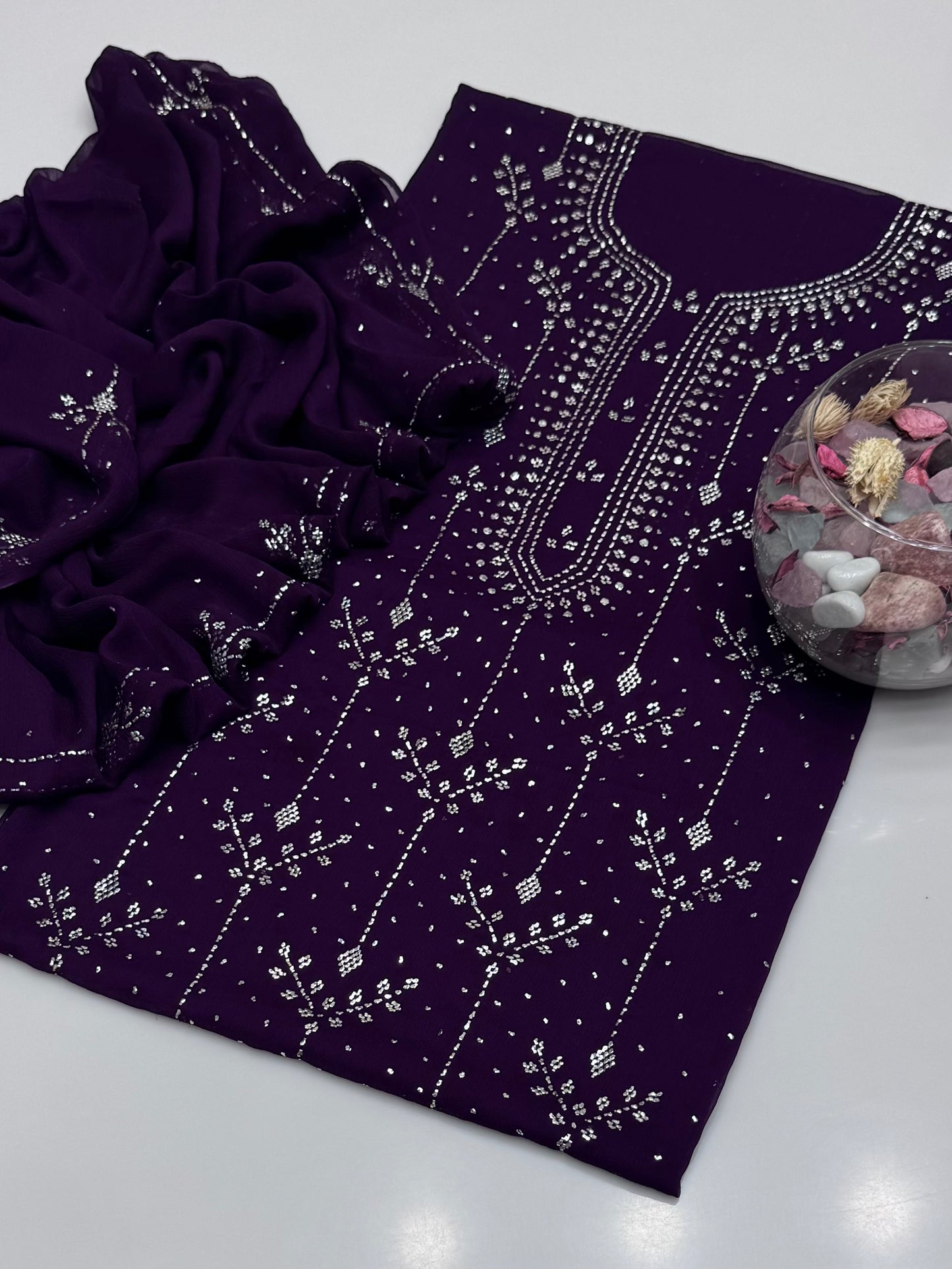 Handmade Button Barfi Mukesh Work On Soft Krinkle Shifoon 2pc Suit…