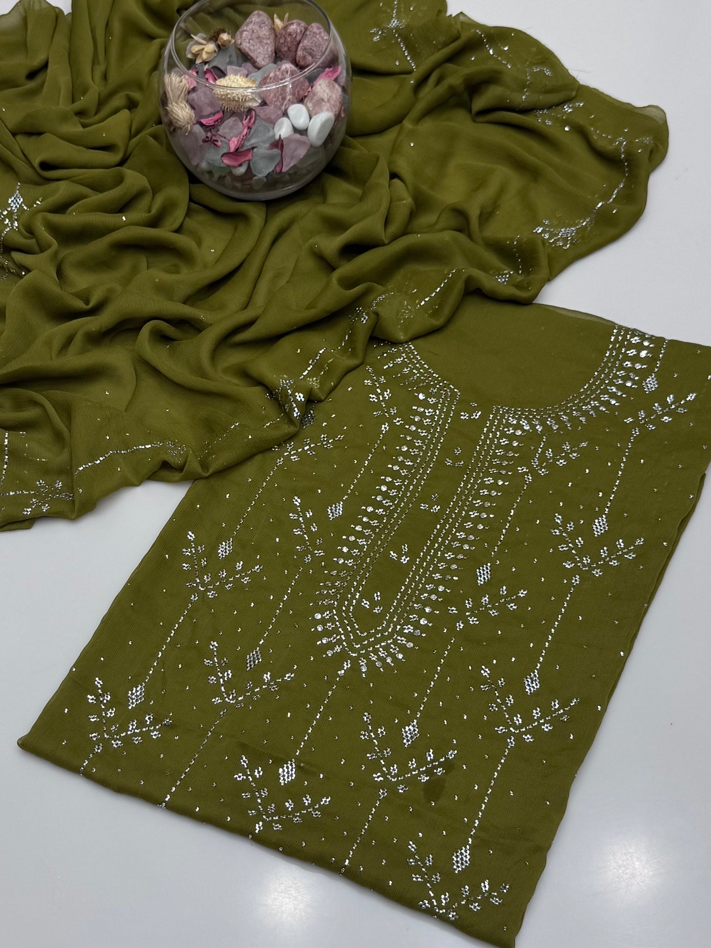 Handmade Button Barfi Mukesh Work On Soft Krinkle Shifoon 2pc Suit…