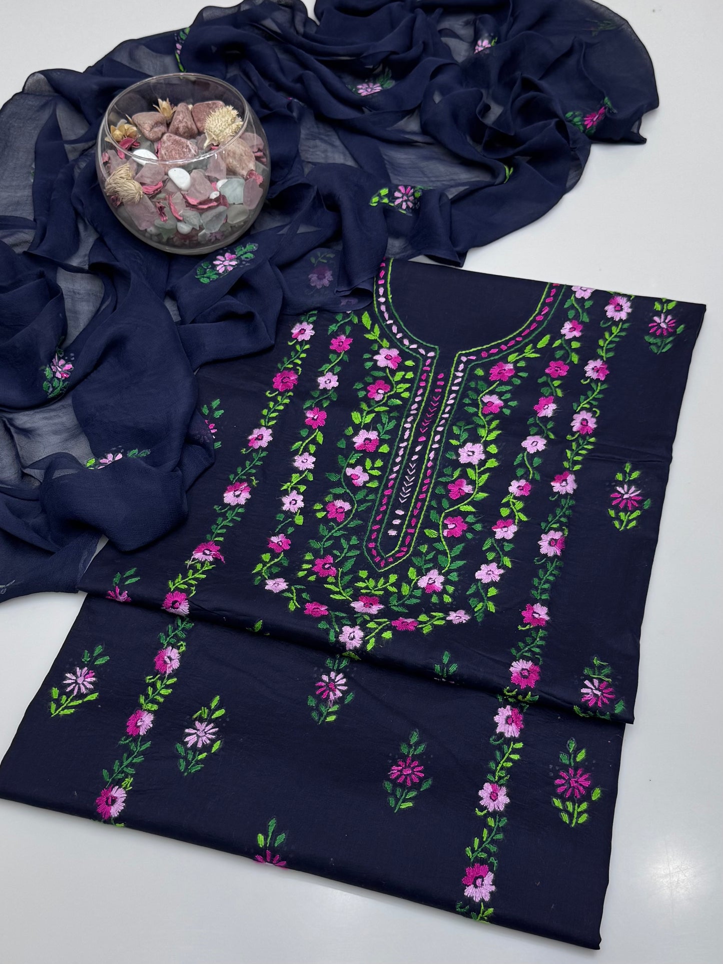 Handmade Multi Pakka Tanka With Mirror Work On Pure Gtm Lawn 3pc Suits