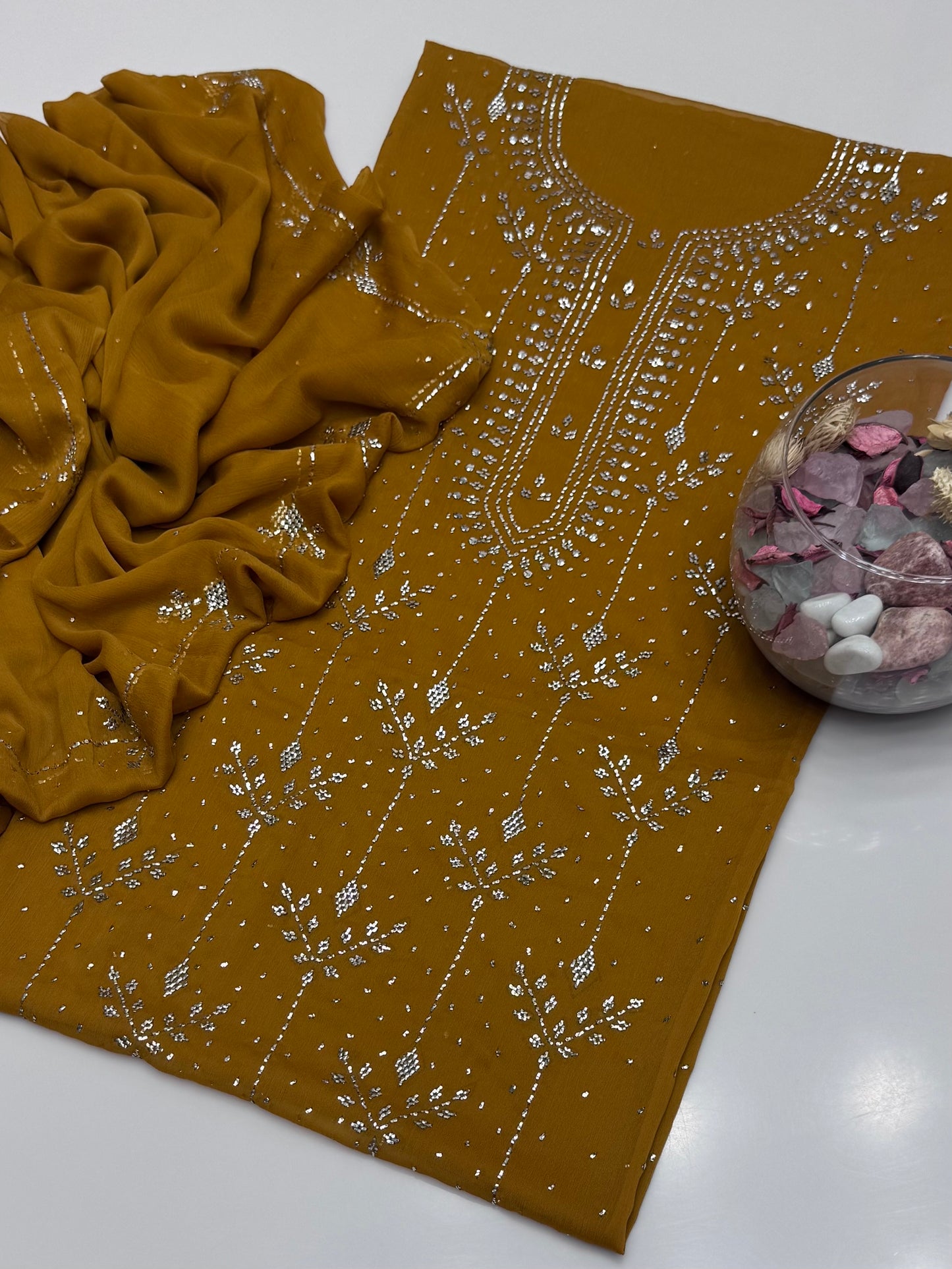 Handmade Button Barfi Mukesh Work On Soft Krinkle Shifoon 2pc Suit…