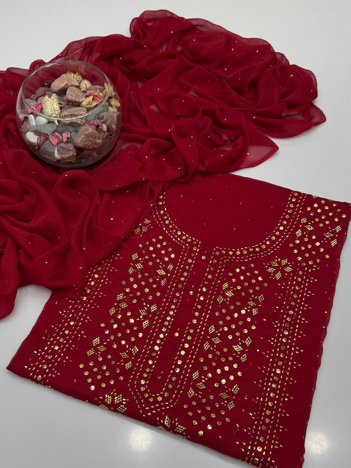Handmade Golden Mukesh Work On Soft Krinkle Shifoon 2pc Dress 👗