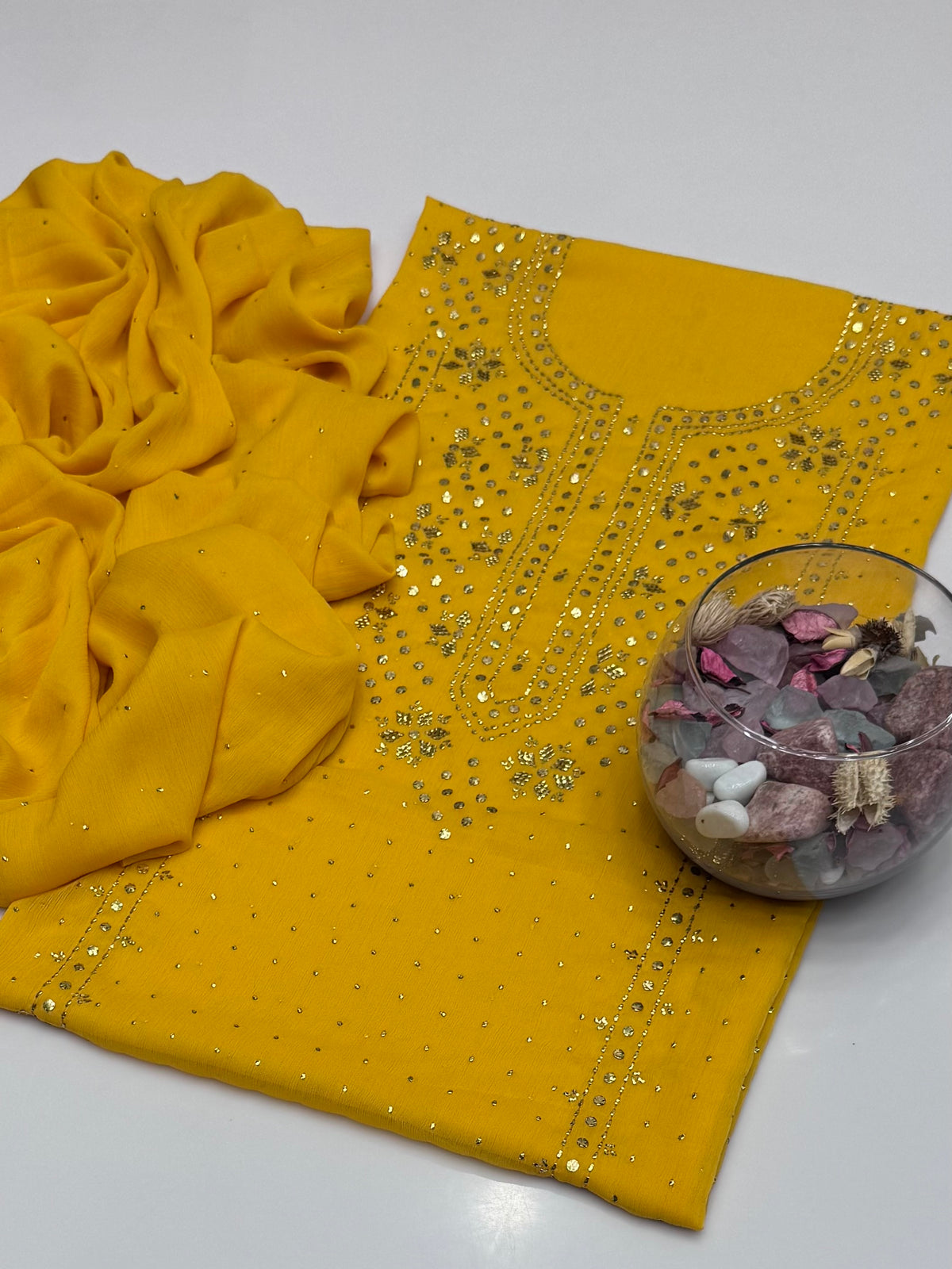 Handmade Golden Mukesh Work On Soft Krinkle Shifoon 2pc Dress 👗