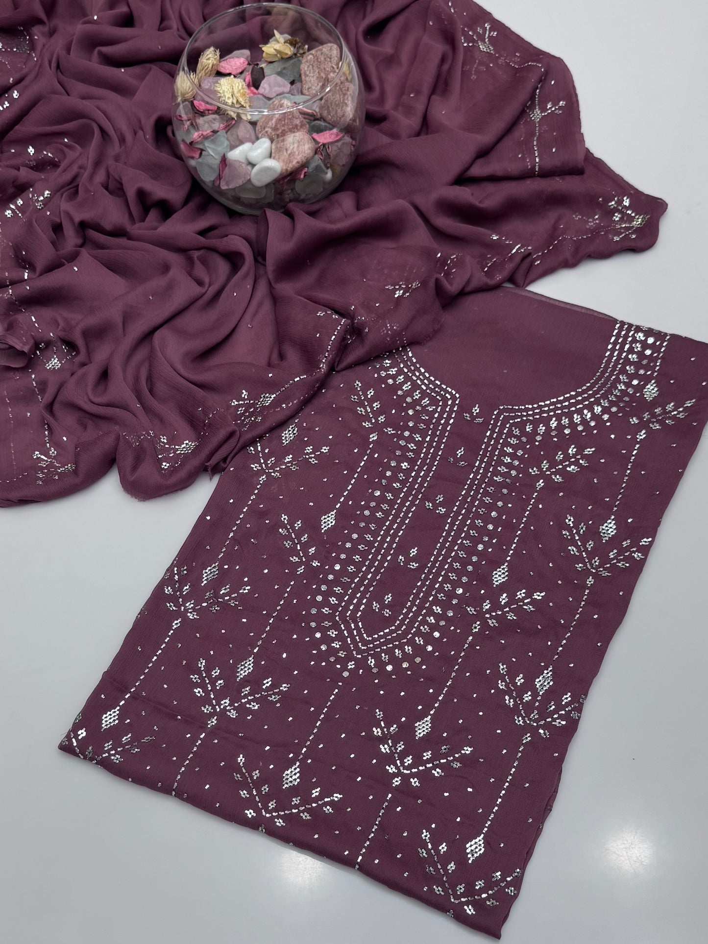 Handmade Button Barfi Mukesh Work On Soft Krinkle Shifoon 2pc Suit…