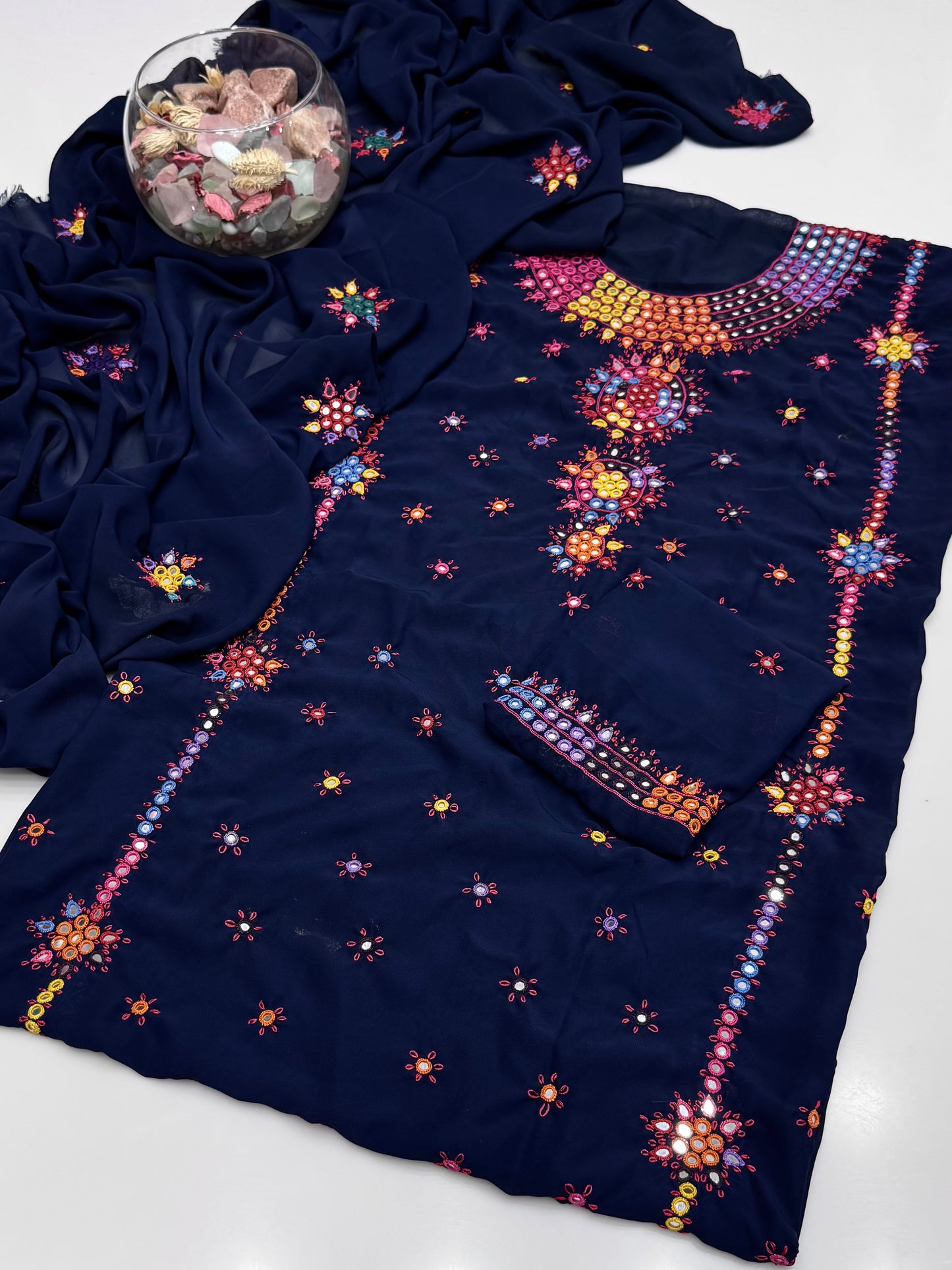 Handmade Resham Tanka With Badam Mirror Work On Georgett Shifoon 2pc Dress 👗