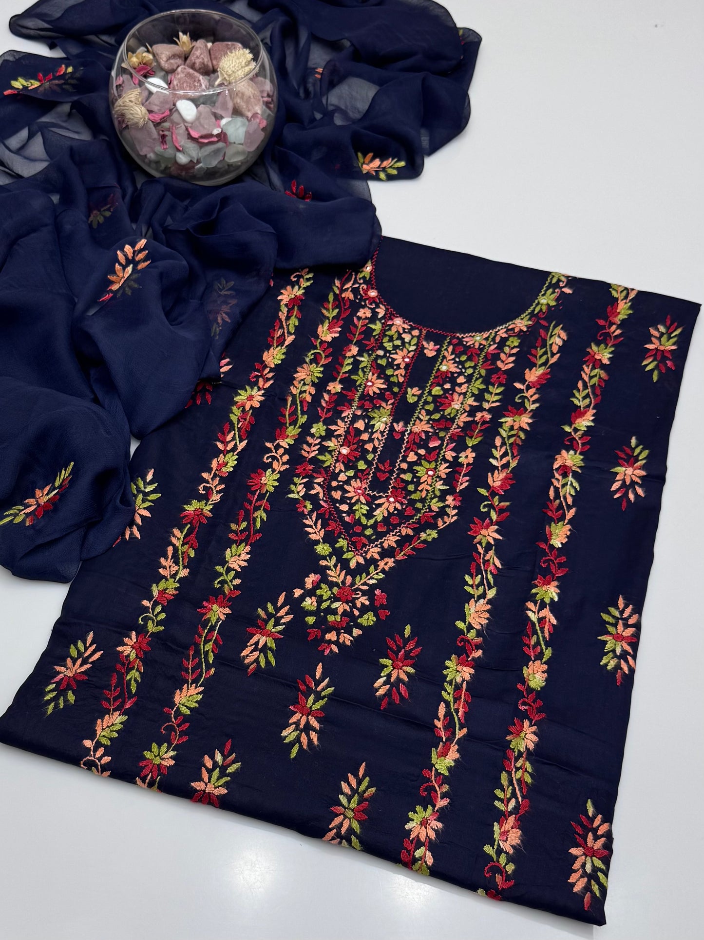 Handmade Multi Pakka Tanka With Mirror Work On Pure Gtm Lawn 3pc Suits