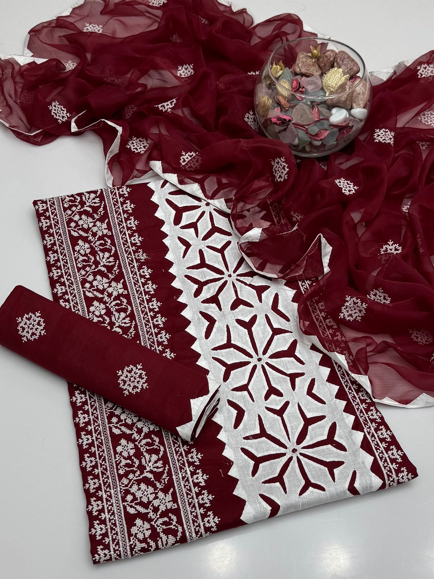 Computer Crosstich With Handmade Applic Work On Pure Lawn 3pc Dress 👗
