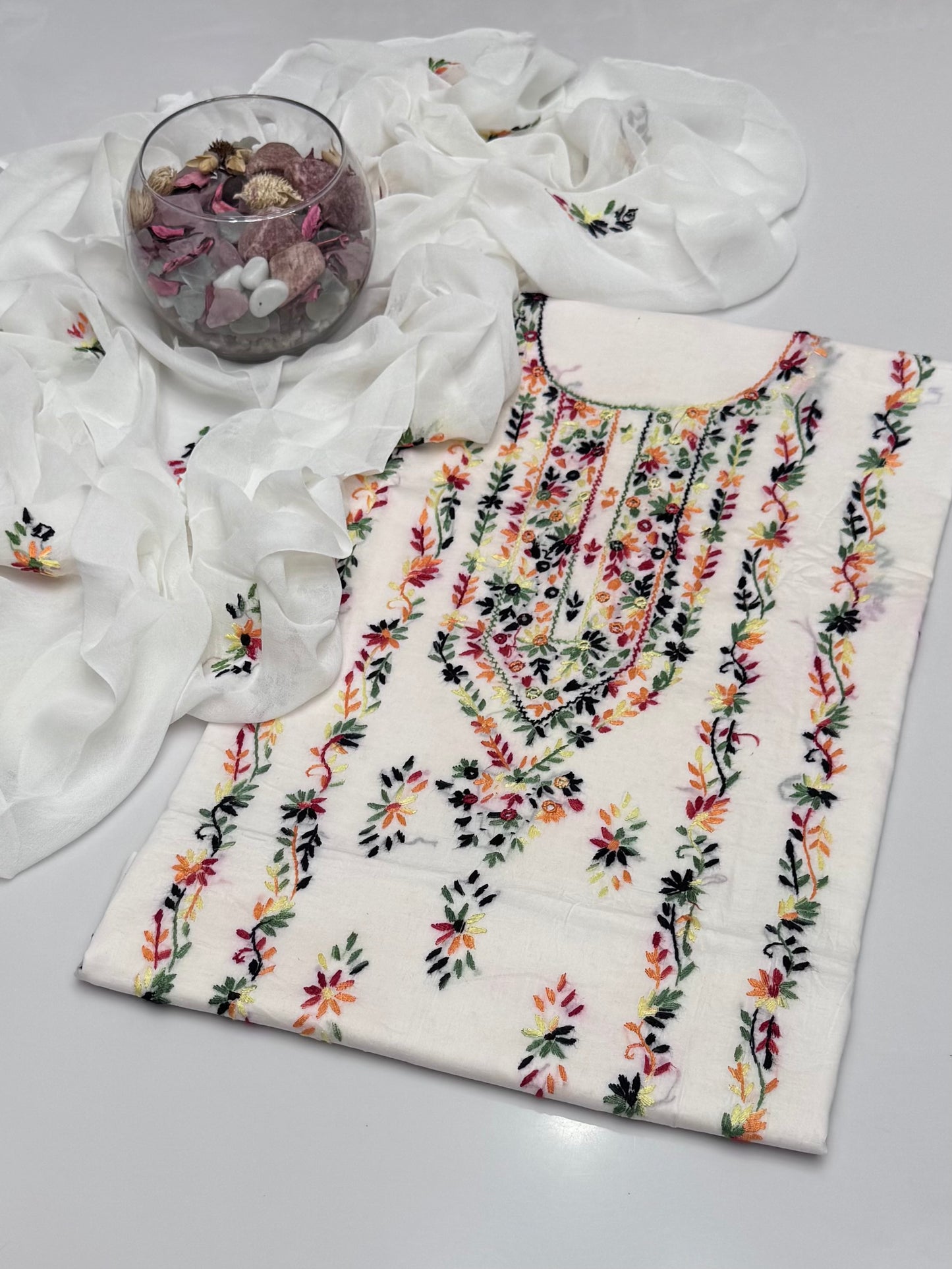 Handmade Multi Pakka Tanka With Mirror Work On Pure Gtm Lawn 3pc Suits