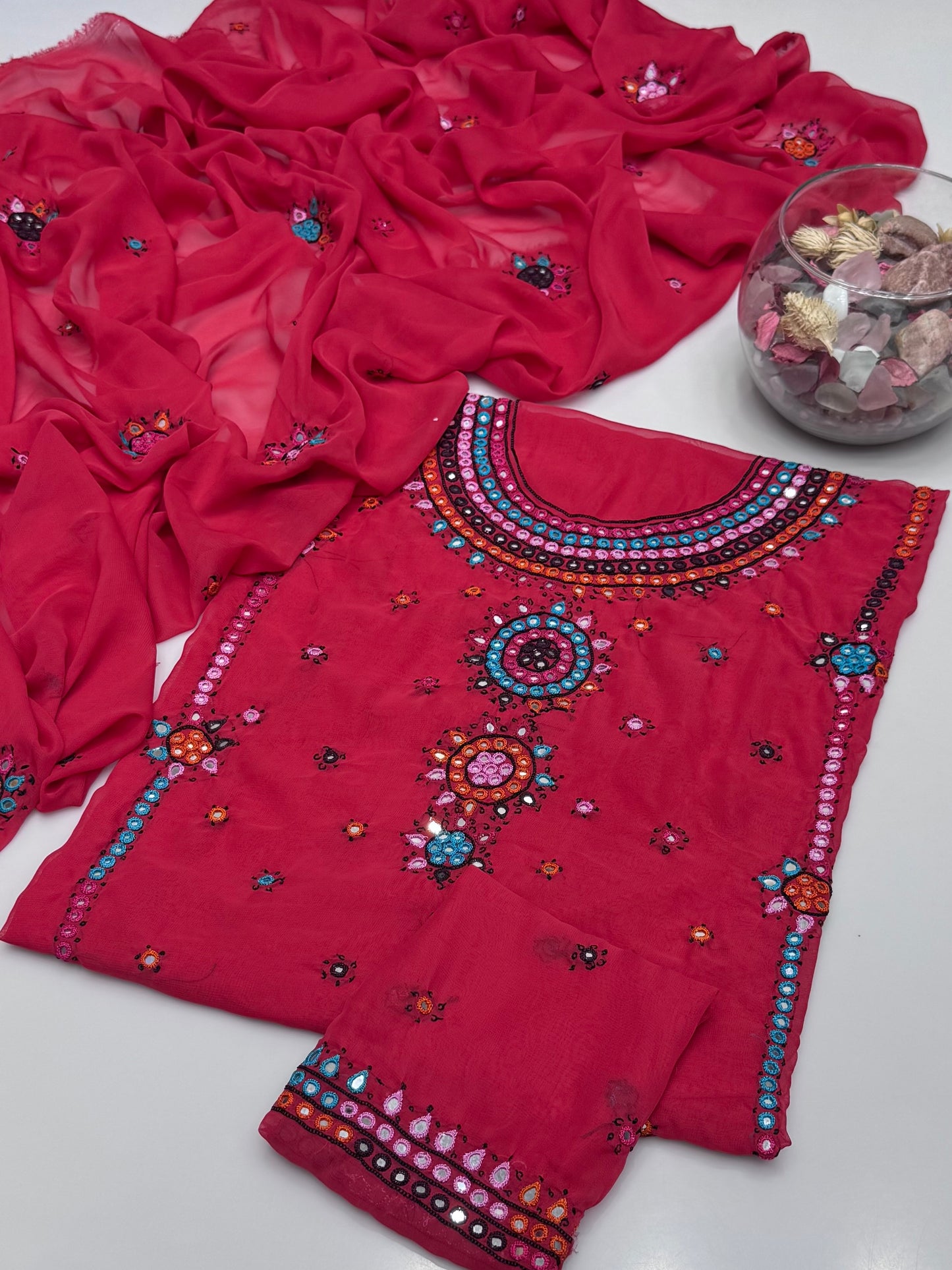 Handmade Resham Tanka With Badam Mirror Work On Georgett Shifoon 2pc Dress 👗
