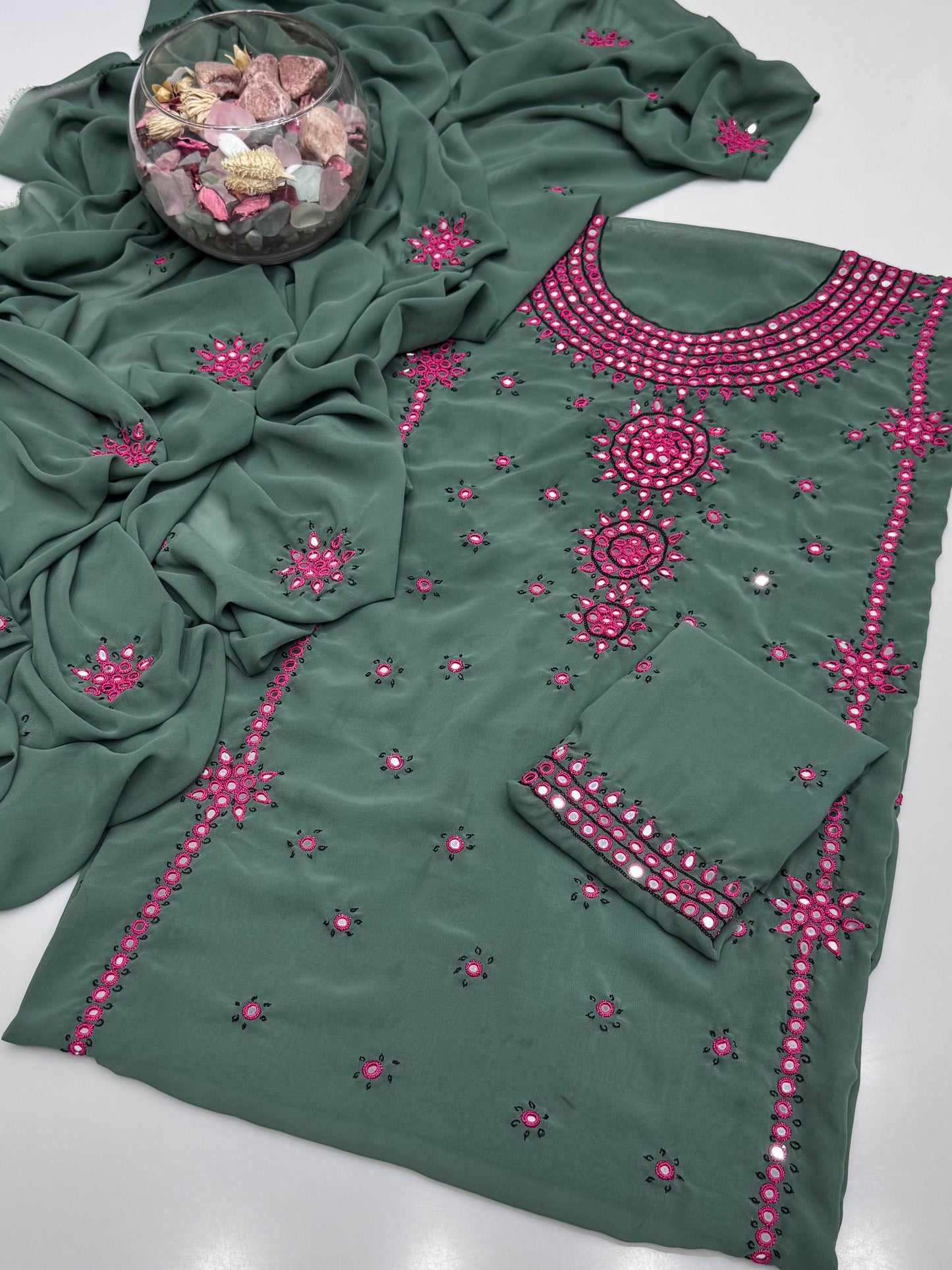 Handmade Resham Tanka With Badam Mirror Work On Georgett Shifoon 2pc Dress 👗