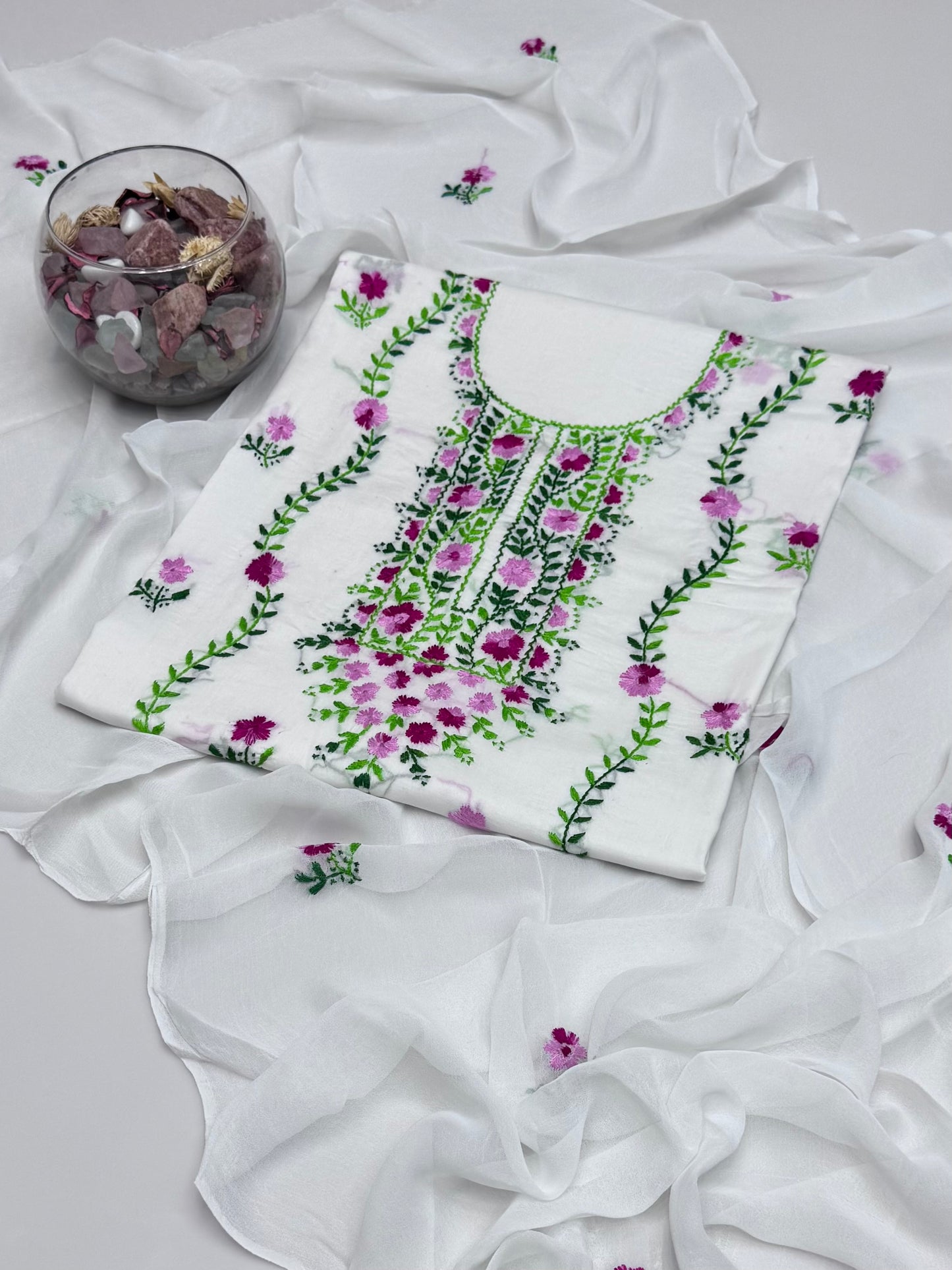 Handmade Multi Pakka Tanka With Mirror Work On Pure Gtm Lawn 3pc Suits