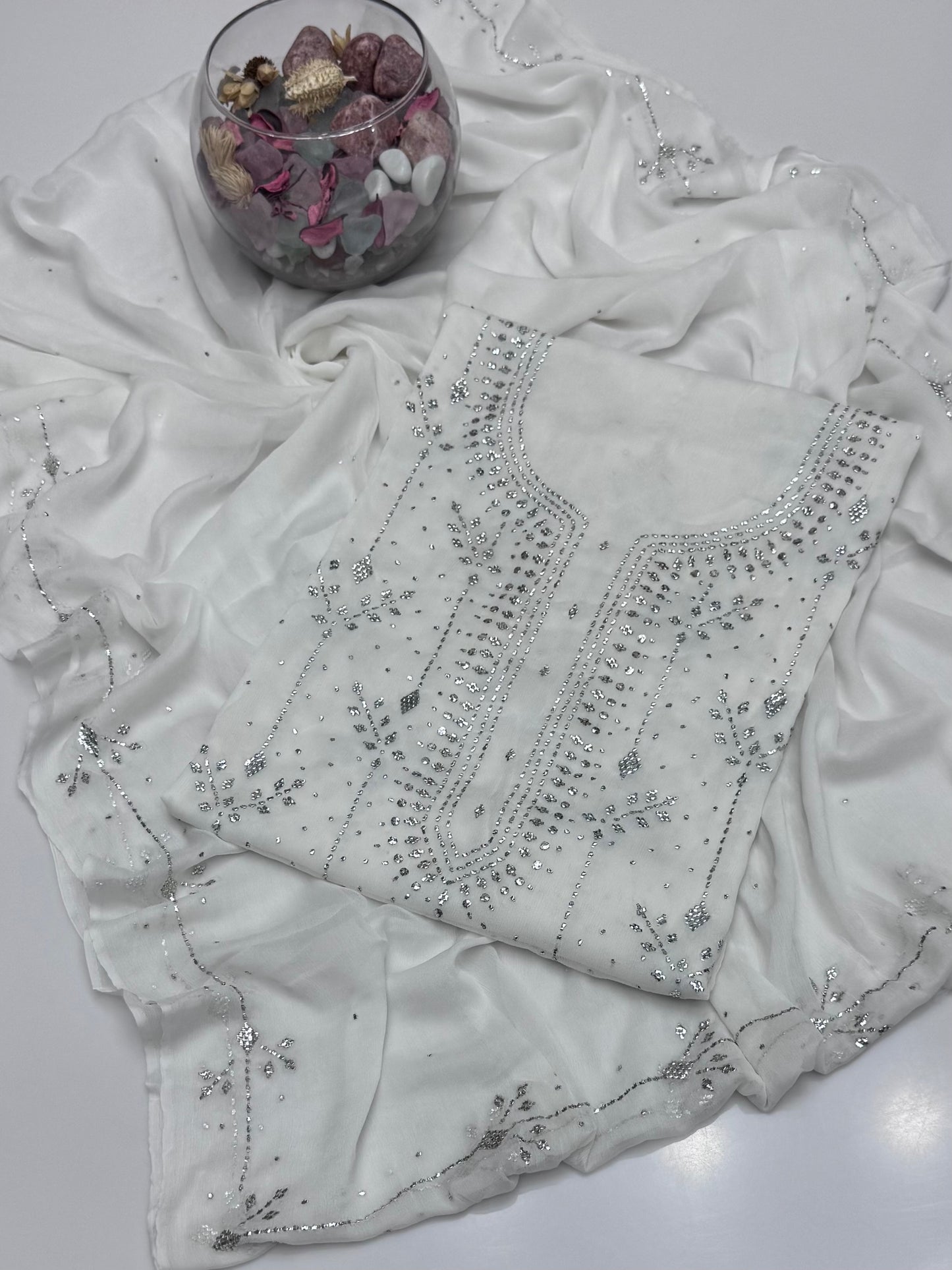Handmade Button Barfi Mukesh Work On Soft Krinkle Shifoon 2pc Suit…