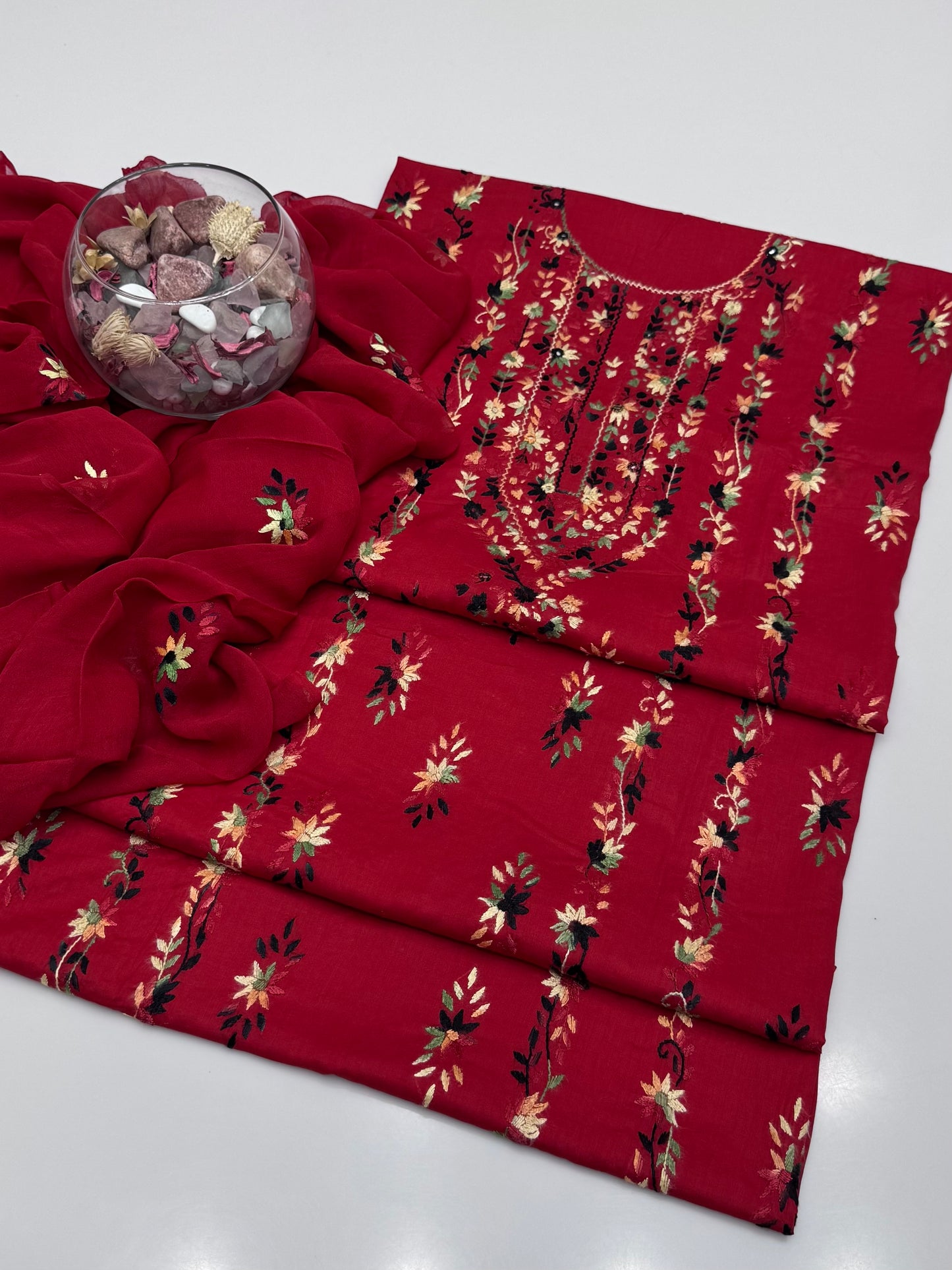 Handmade Multi Pakka Tanka With Mirror Work On Pure Gtm Lawn 3pc Suits