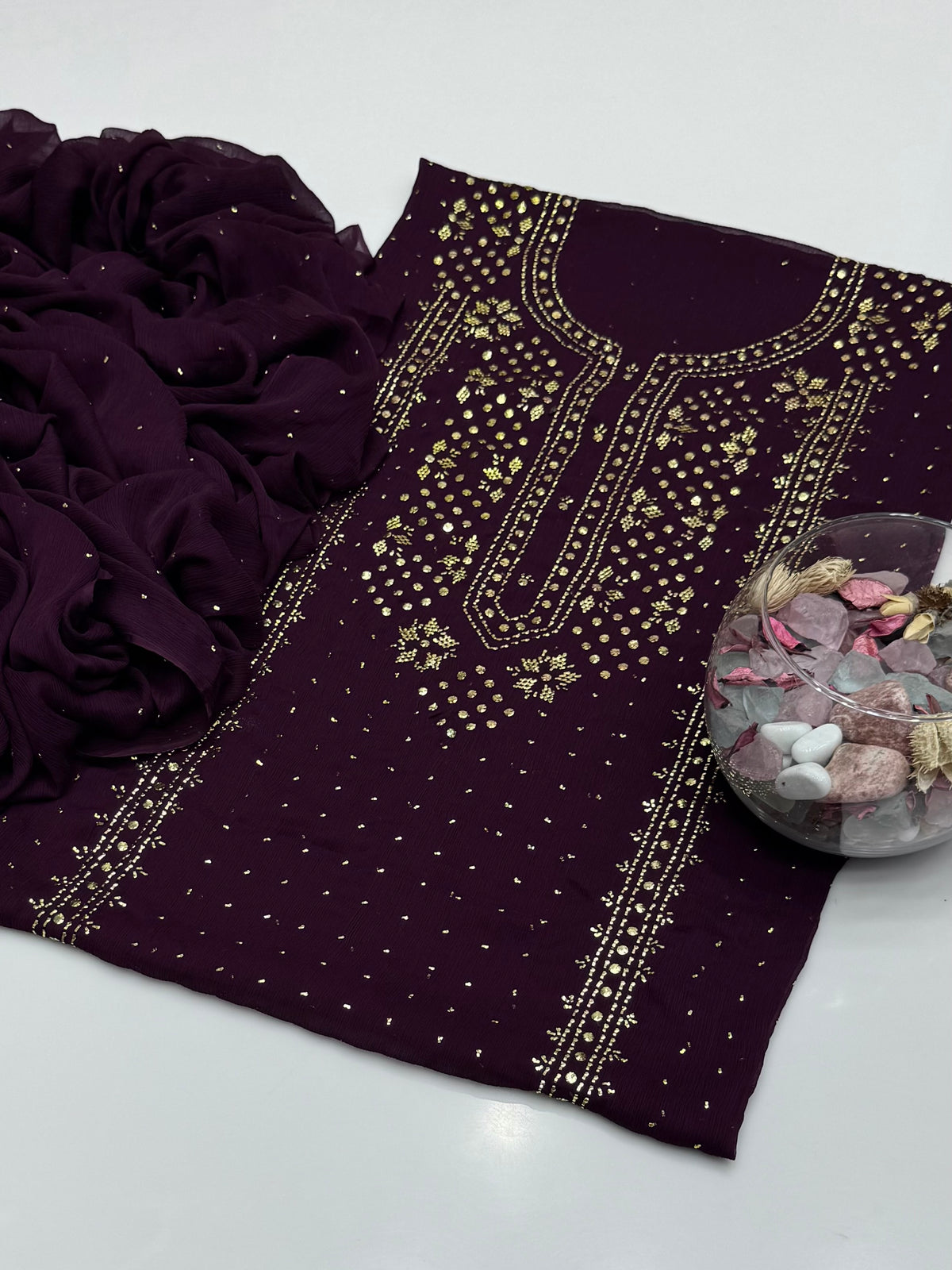 Handmade Golden Mukesh Work On Soft Krinkle Shifoon 2pc Dress 👗