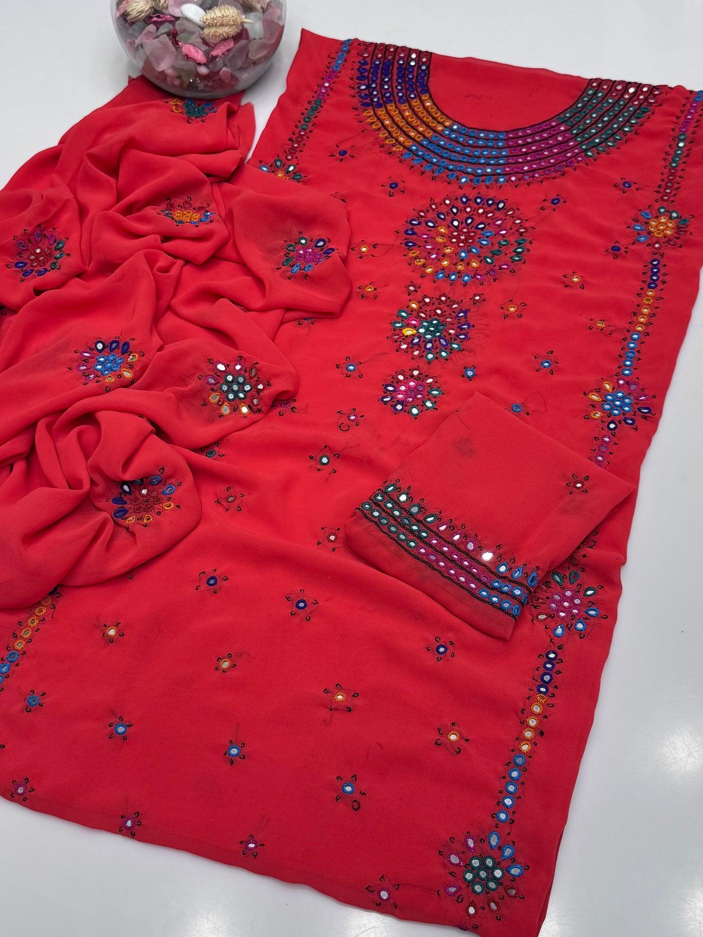 Handmade Resham Tanka With Badam Mirror Work On Georgett Shifoon 2pc Dress 👗