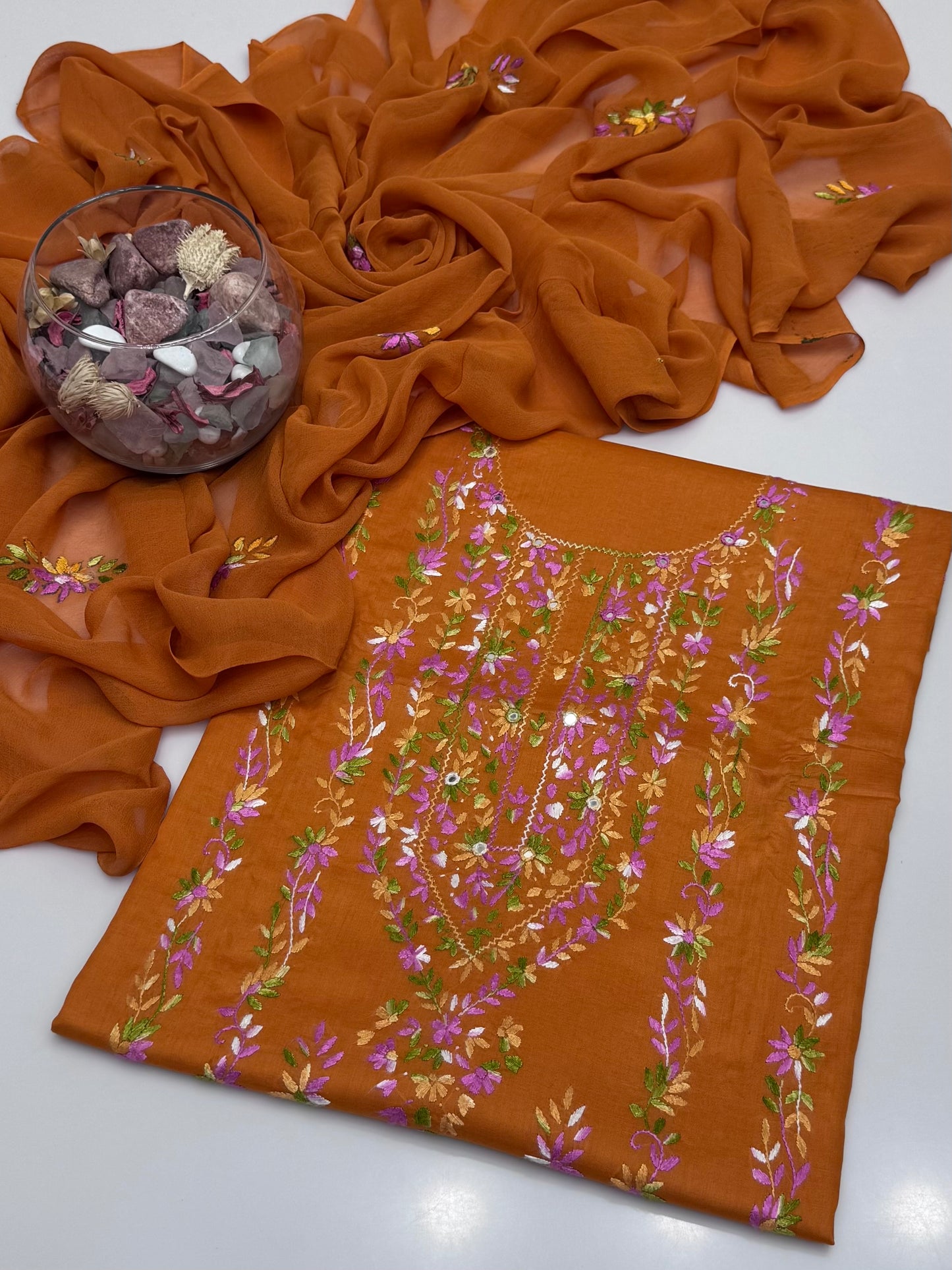 Handmade Multi Pakka Tanka With Mirror Work On Pure Gtm Lawn 3pc Suits
