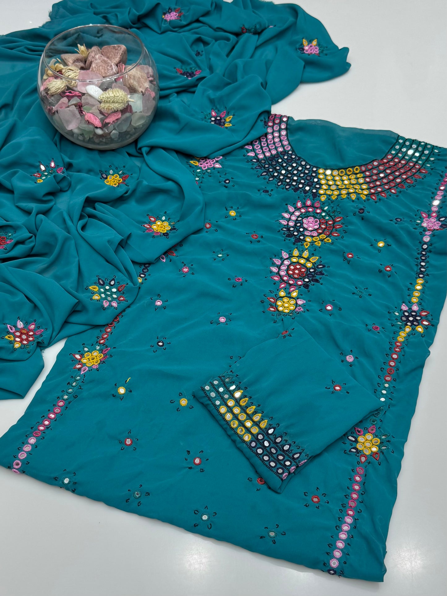 Handmade Resham Tanka With Badam Mirror Work On Georgett Shifoon 2pc Dress 👗