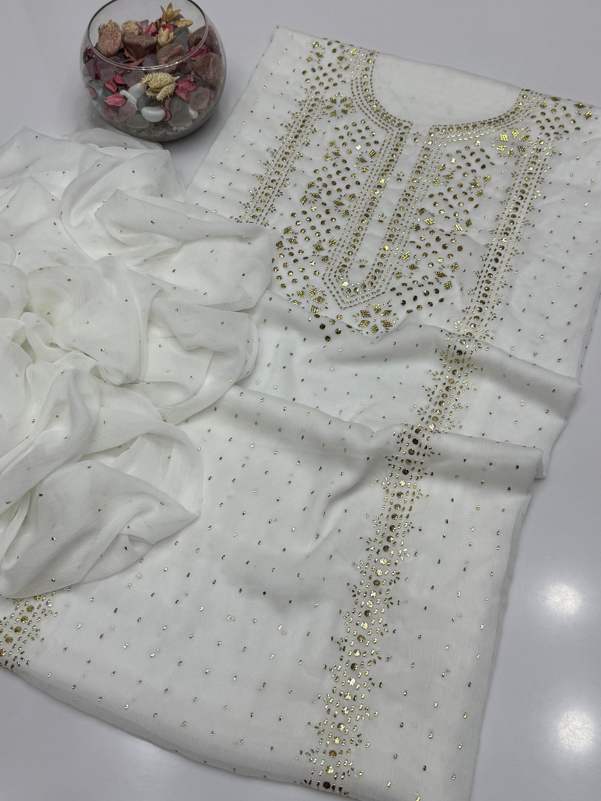 Handmade Golden Mukesh Work On Soft Krinkle Shifoon 2pc Dress 👗