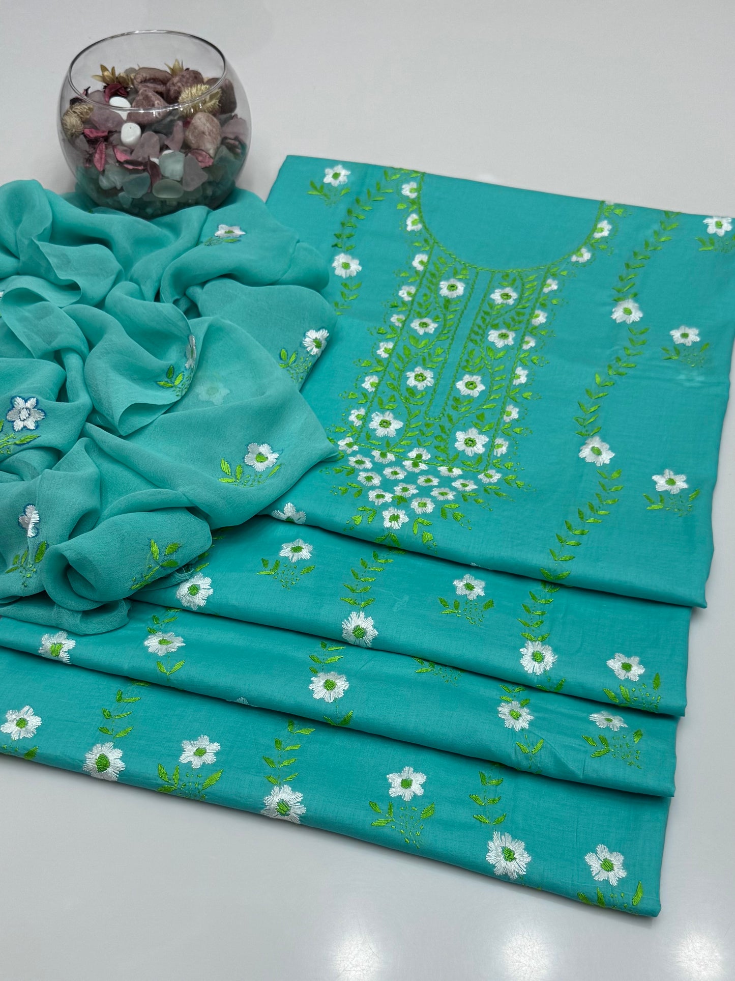 Handmade Multi Pakka Tanka With Mirror Work On Pure Gtm Lawn 3pc Suits