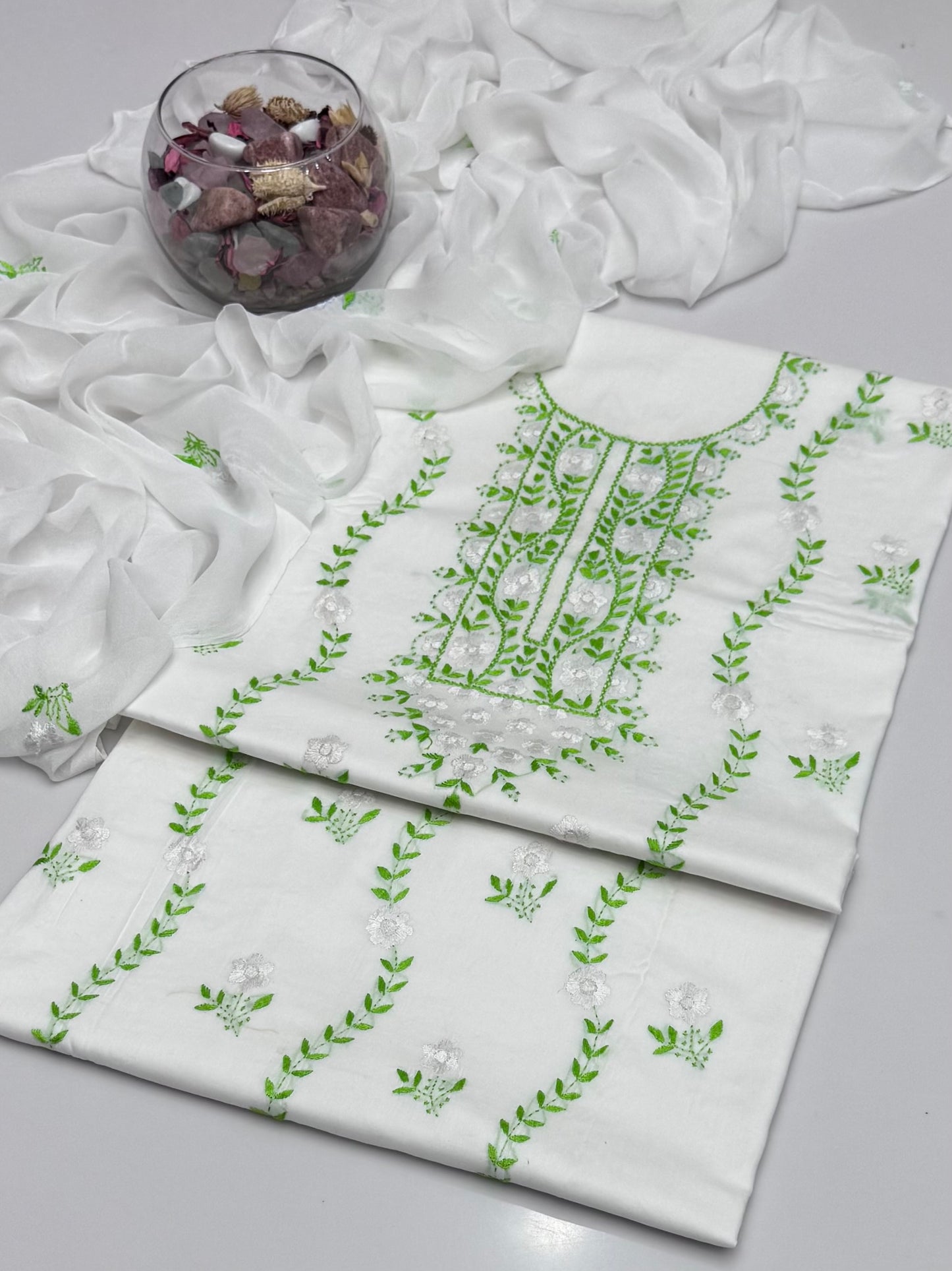 Handmade Multi Pakka Tanka With Mirror Work On Pure Gtm Lawn 3pc Suits