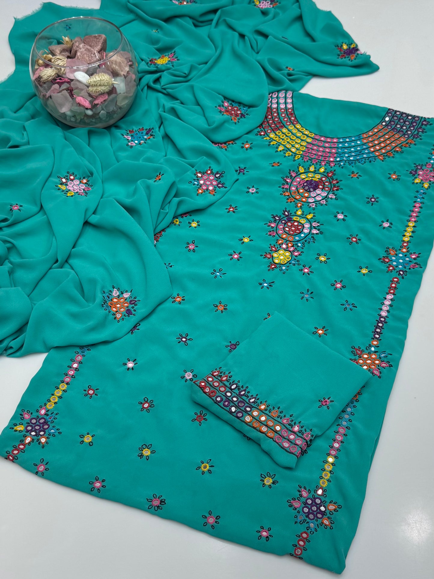Handmade Resham Tanka With Badam Mirror Work On Georgett Shifoon 2pc Dress 👗