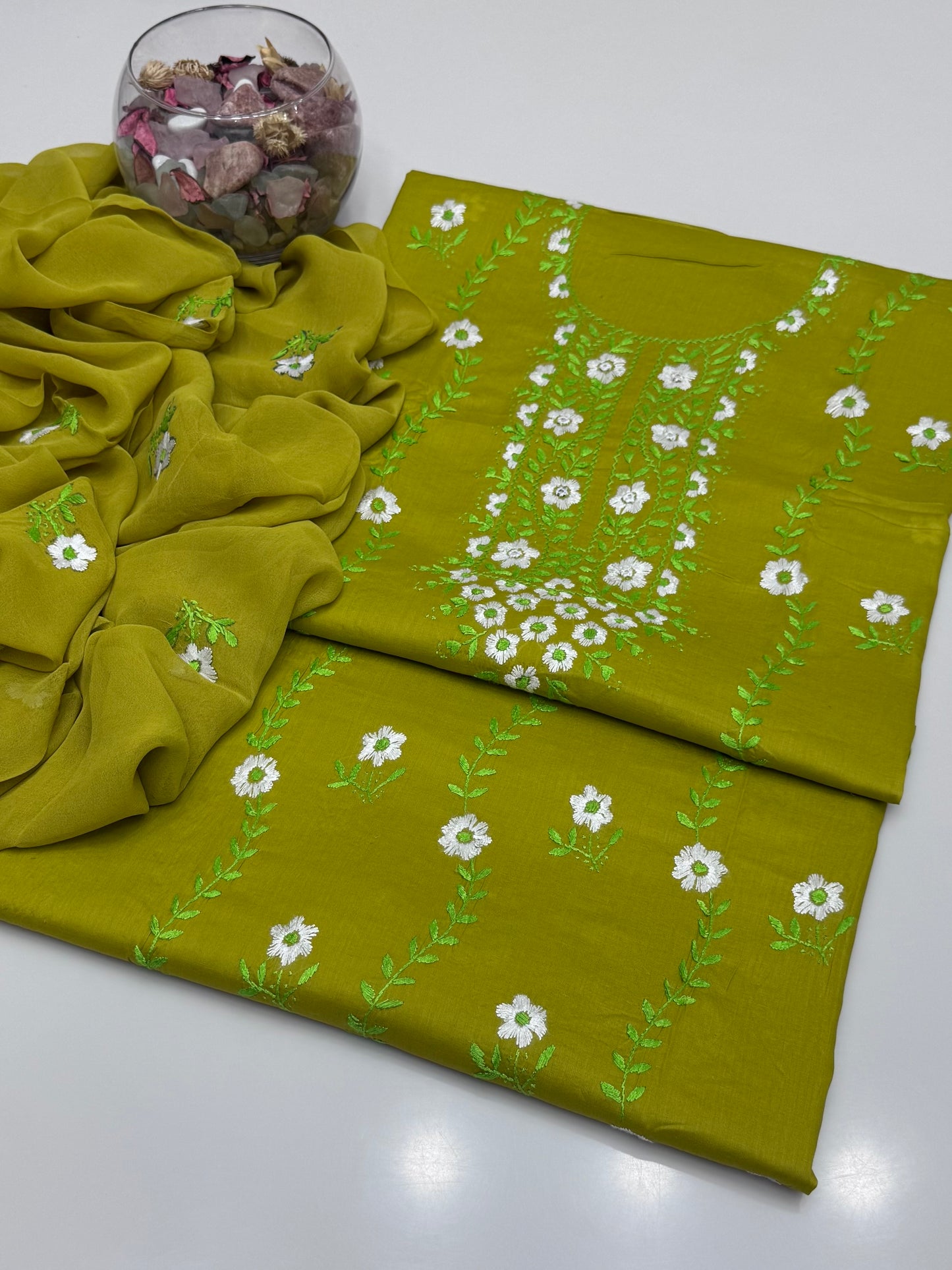 Handmade Multi Pakka Tanka With Mirror Work On Pure Gtm Lawn 3pc Suits