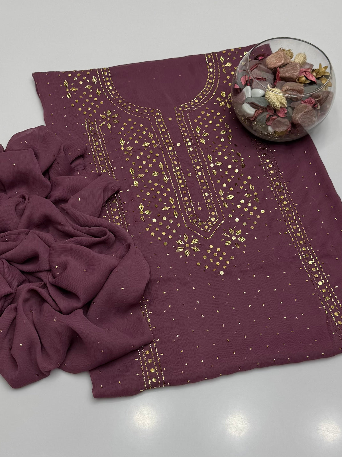 Handmade Golden Mukesh Work On Soft Krinkle Shifoon 2pc Dress 👗
