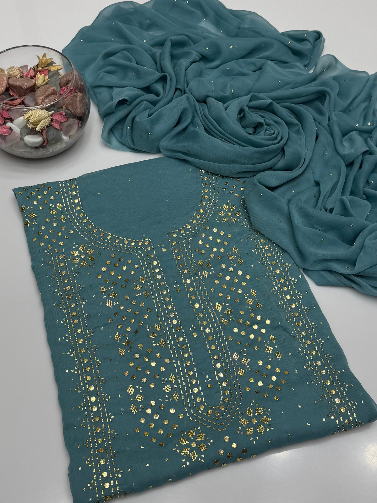 Handmade Golden Mukesh Work On Soft Krinkle Shifoon 2pc Dress 👗