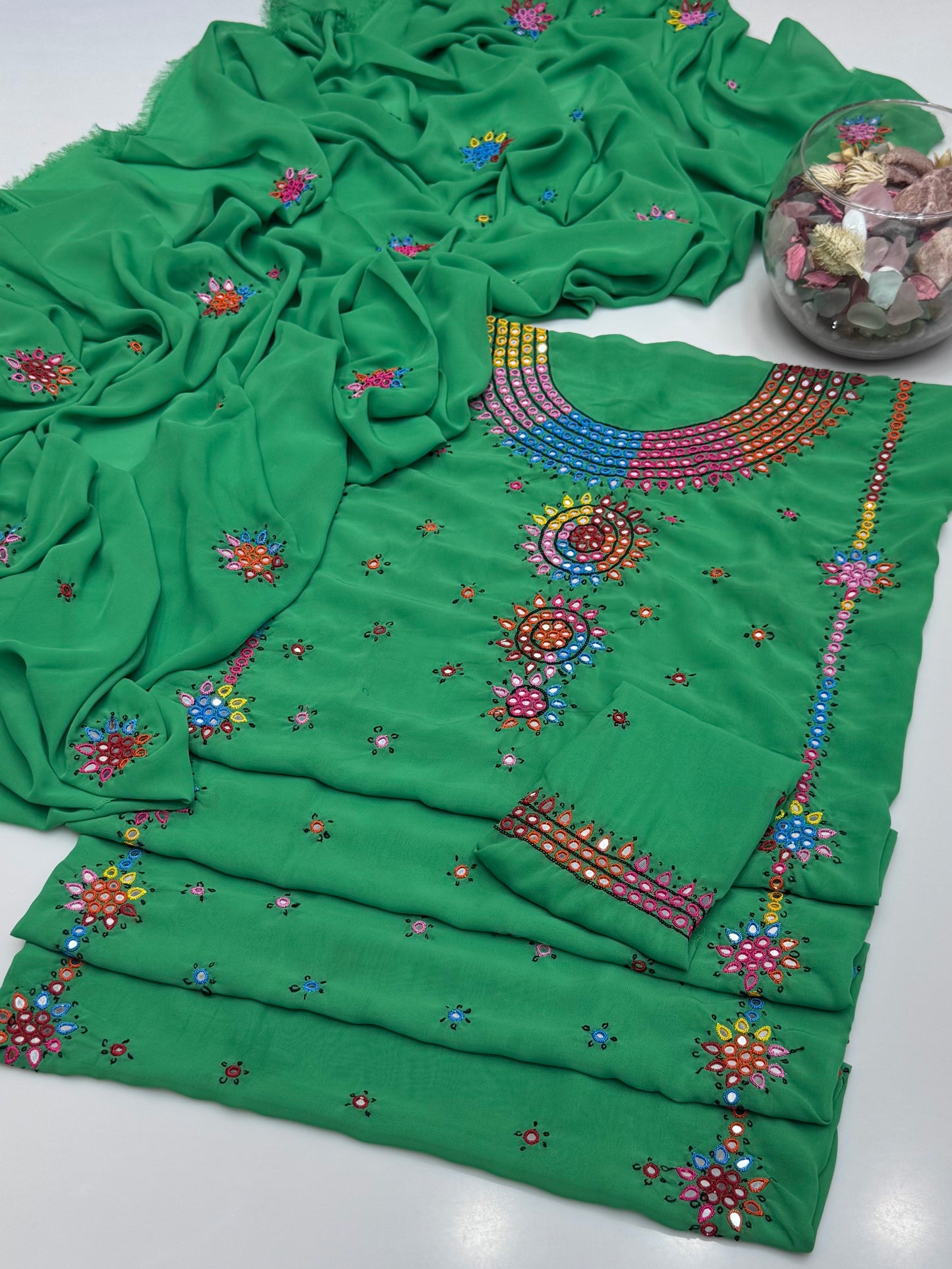 Handmade Resham Tanka With Badam Mirror Work On Georgett Shifoon 2pc Dress 👗