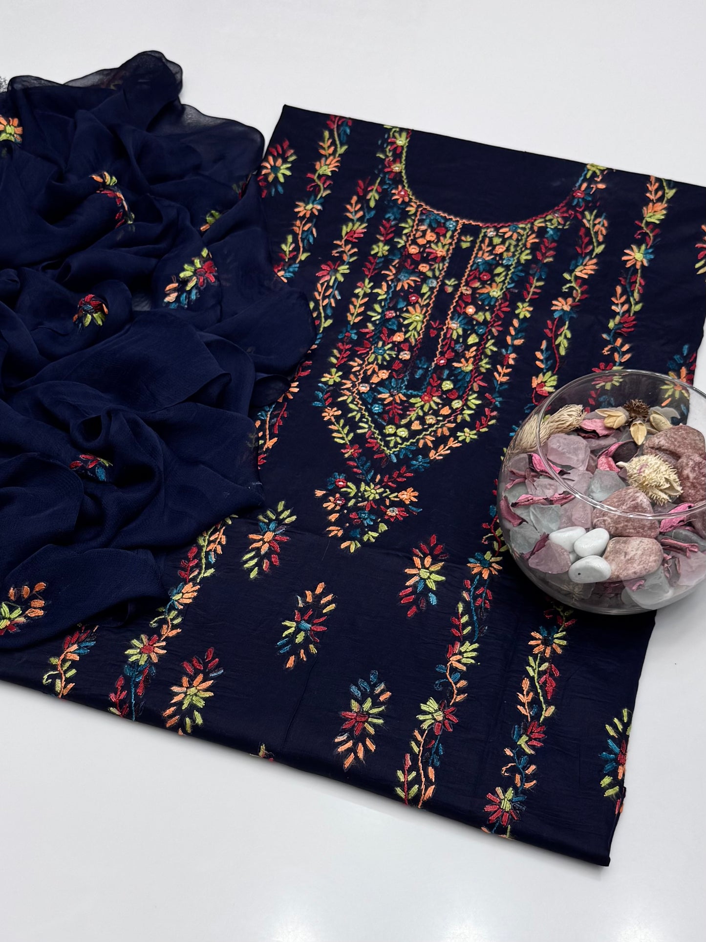 Handmade Multi Pakka Tanka With Mirror Work On Pure Gtm Lawn 3pc Suits