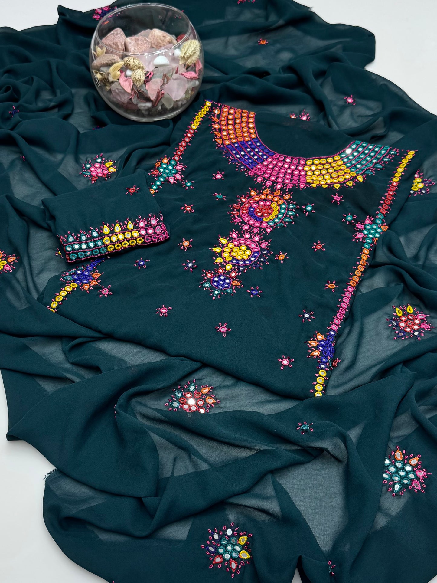 Handmade Resham Tanka With Badam Mirror Work On Georgett Shifoon 2pc Dress 👗