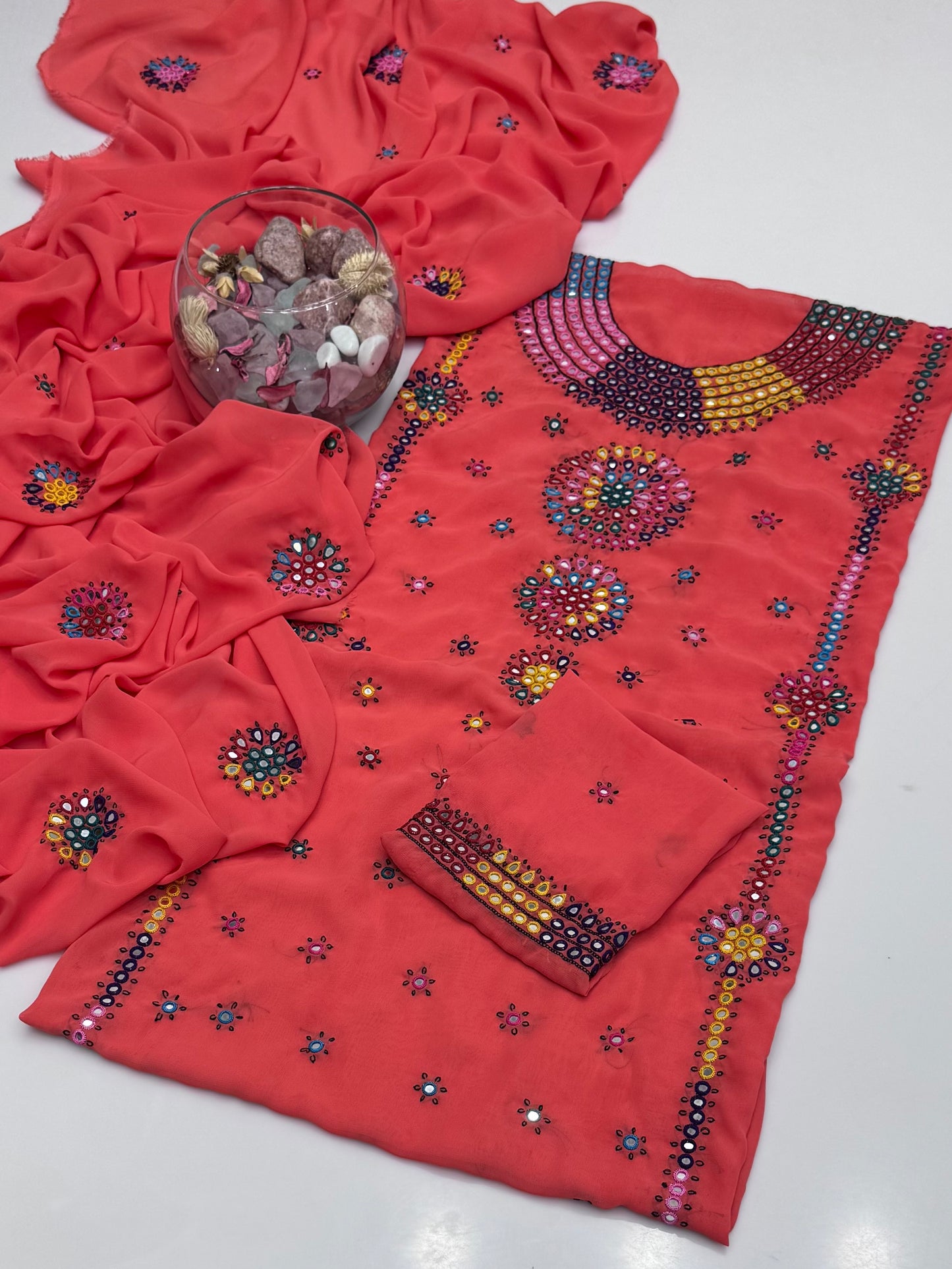 Handmade Resham Tanka With Badam Mirror Work On Georgett Shifoon 2pc Dress 👗