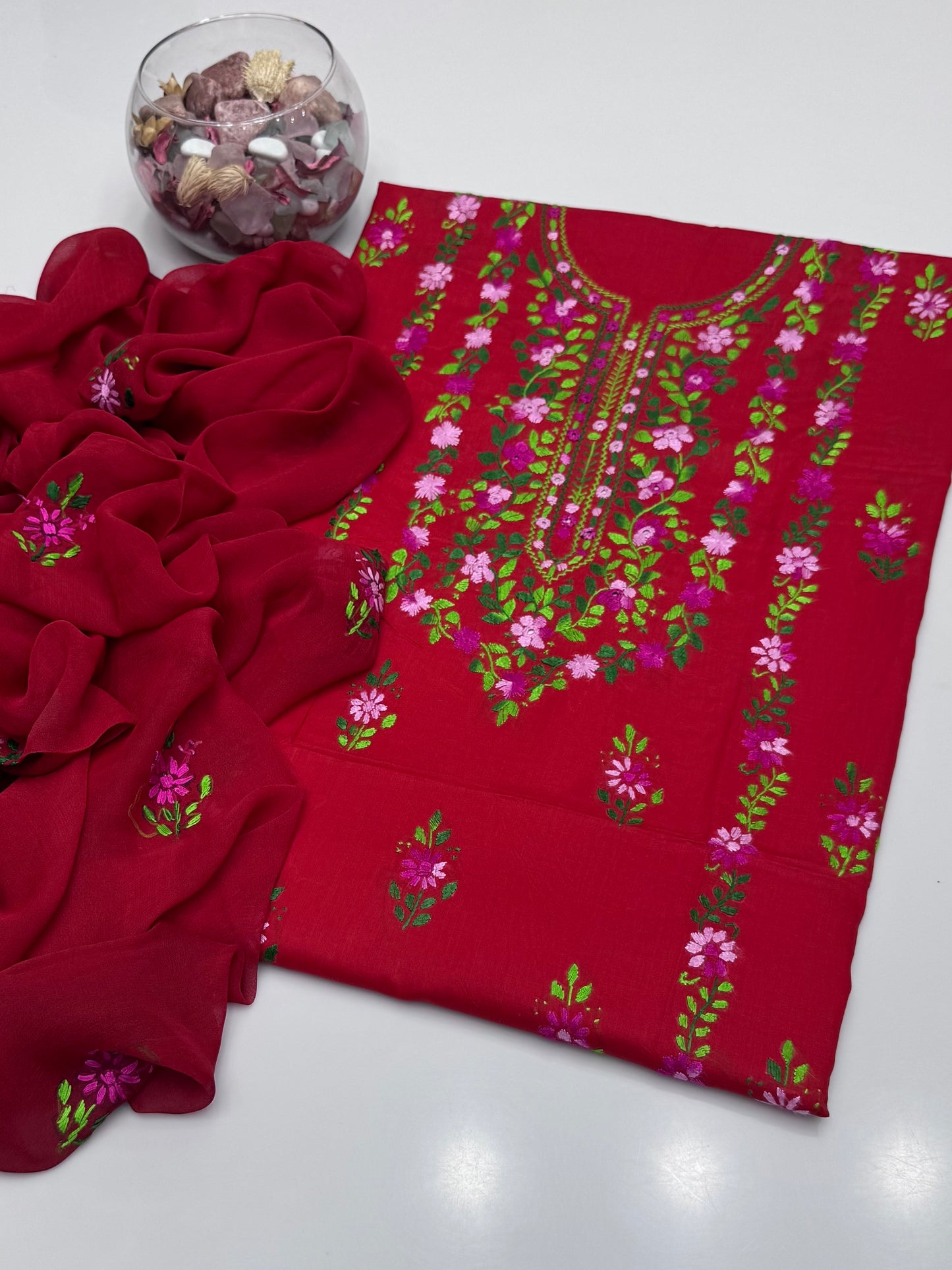 Handmade Multi Pakka Tanka With Mirror Work On Pure Gtm Lawn 3pc Suits