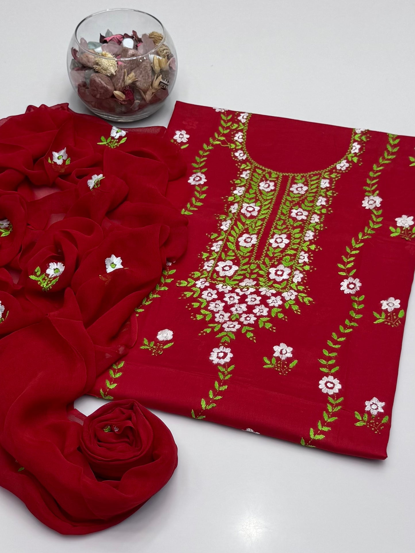 Handmade Multi Pakka Tanka With Mirror Work On Pure Gtm Lawn 3pc Suits