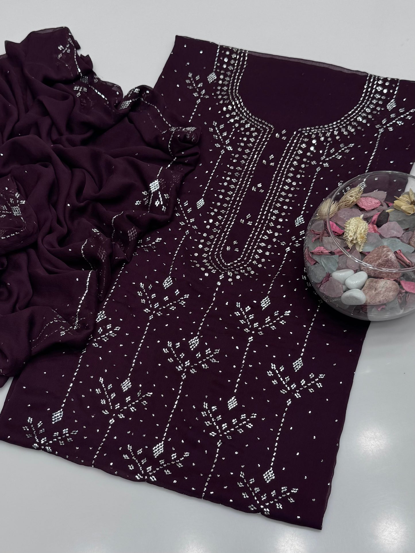 Handmade Button Barfi Mukesh Work On Soft Krinkle Shifoon 2pc Suit…
