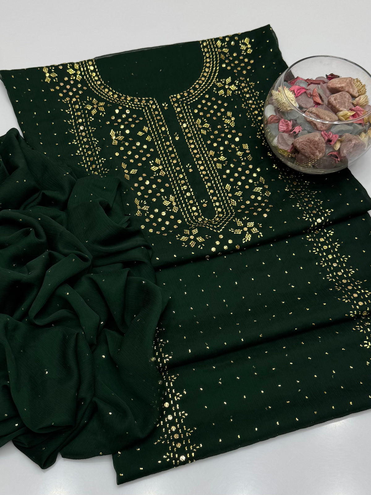 Handmade Golden Mukesh Work On Soft Krinkle Shifoon 2pc Dress 👗