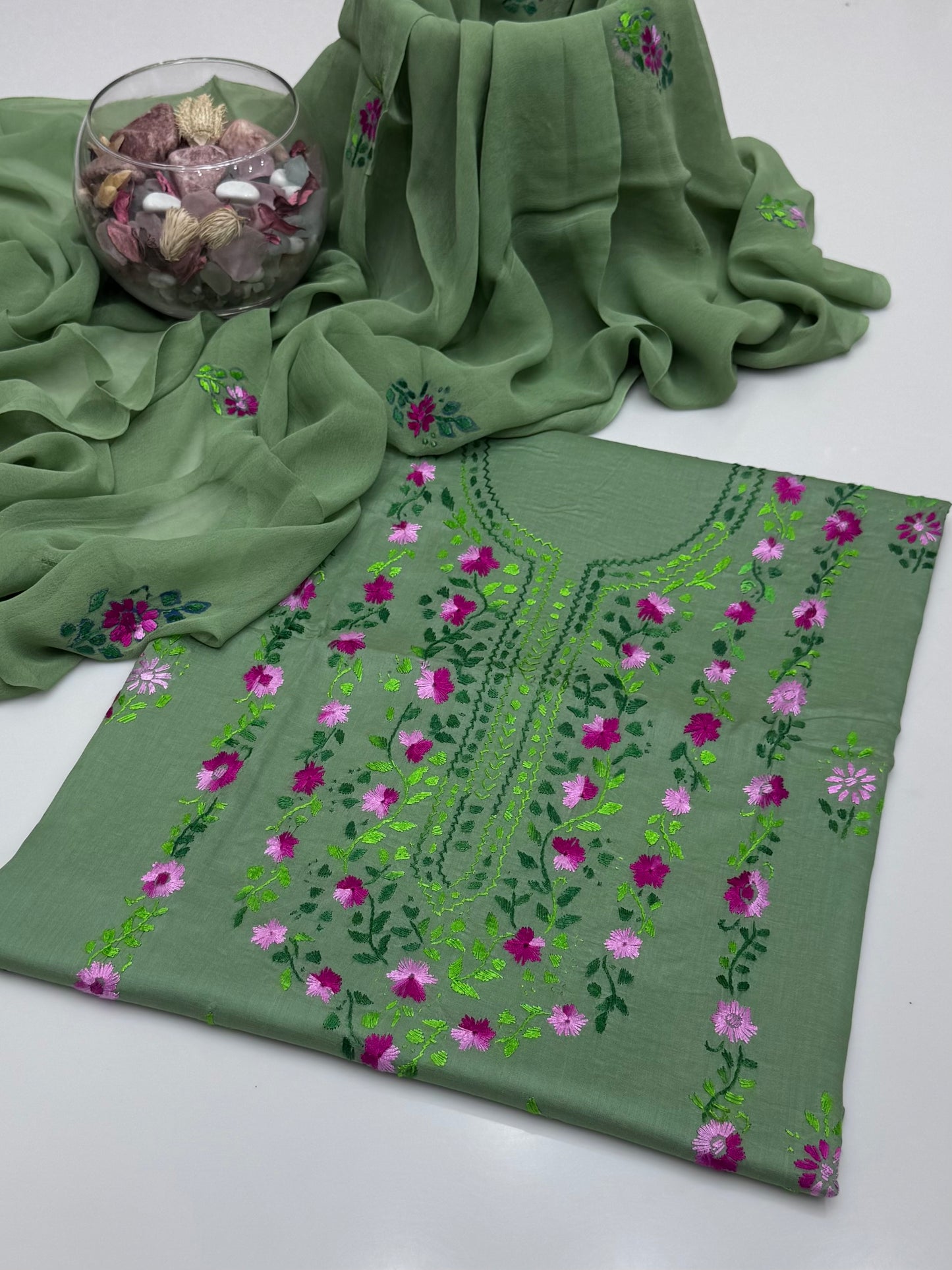 Handmade Multi Pakka Tanka With Mirror Work On Pure Gtm Lawn 3pc Suits