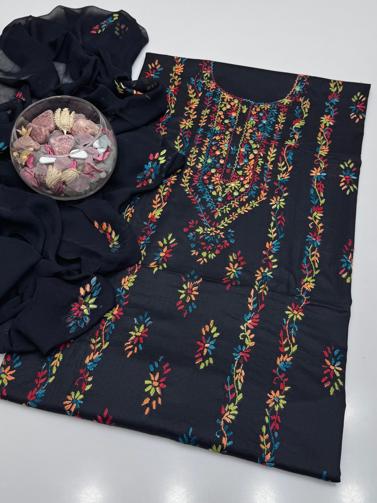 Handmade Multi Pakka Tanka With Mirror Work On Pure Gtm Lawn 3pc Suits