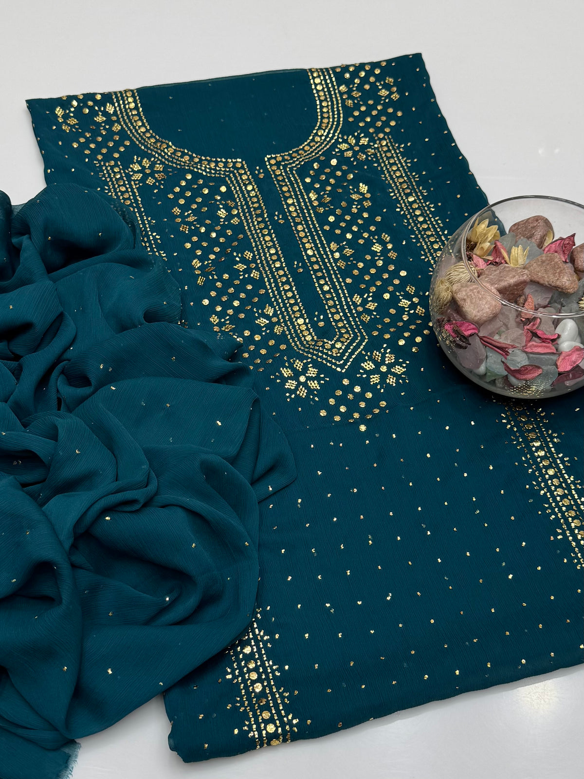 Handmade Golden Mukesh Work On Soft Krinkle Shifoon 2pc Dress 👗