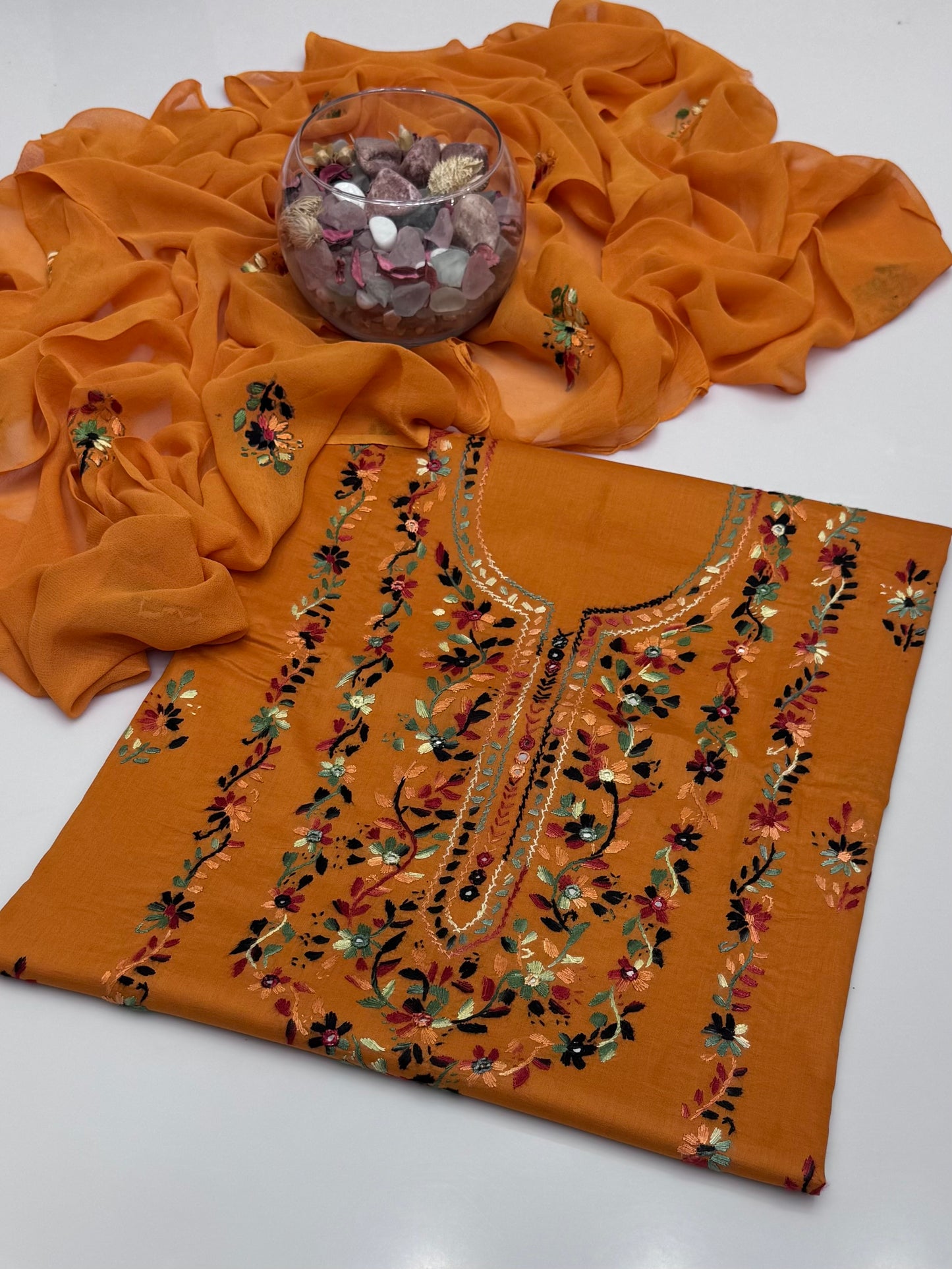 Handmade Multi Pakka Tanka With Mirror Work On Pure Gtm Lawn 3pc Suits