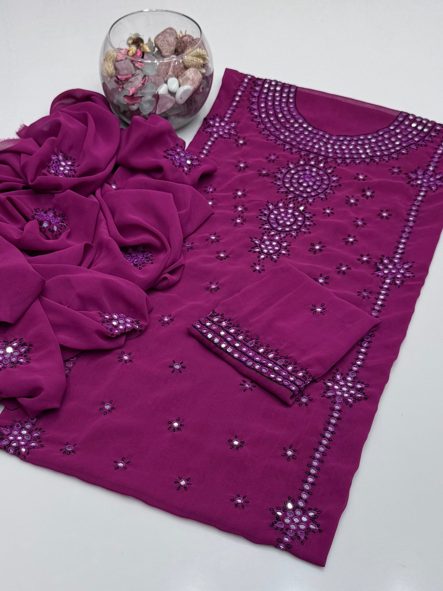 Handmade Resham Tanka With Badam Mirror Work On Georgett Shifoon 2pc Dress 👗