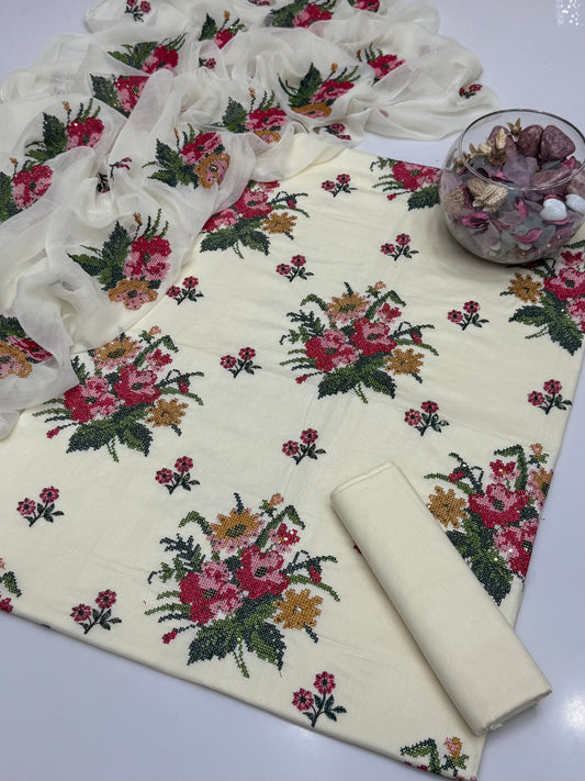 Computer Crosstich Sequence Embroidery On Pure Lawn 3pc Dress 👗