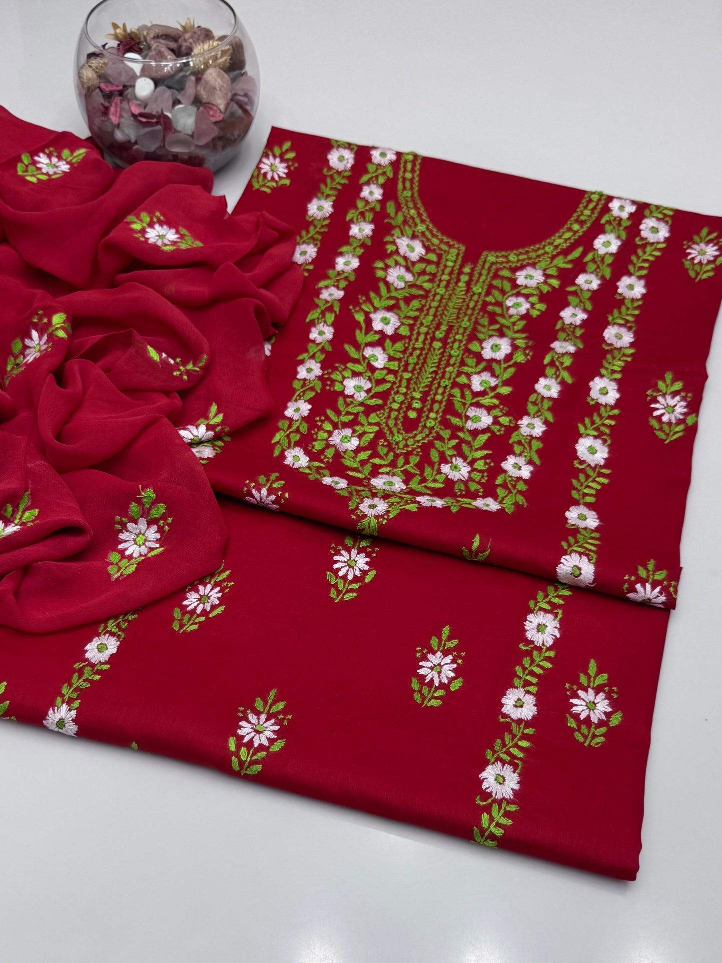Handmade Multi Pakka Tanka With Mirror Work On Pure Gtm Lawn 3pc Suits