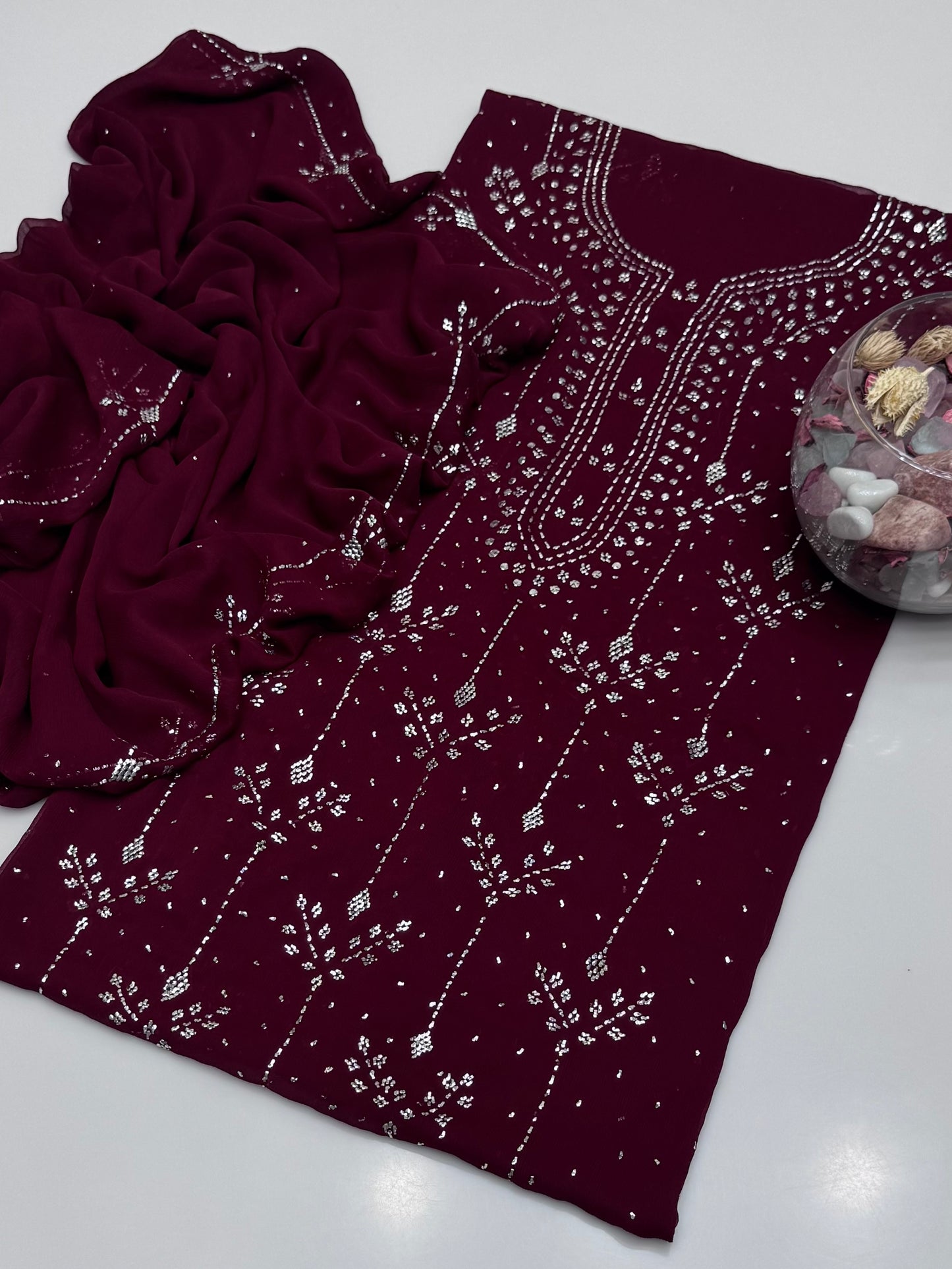 Handmade Button Barfi Mukesh Work On Soft Krinkle Shifoon 2pc Suit…
