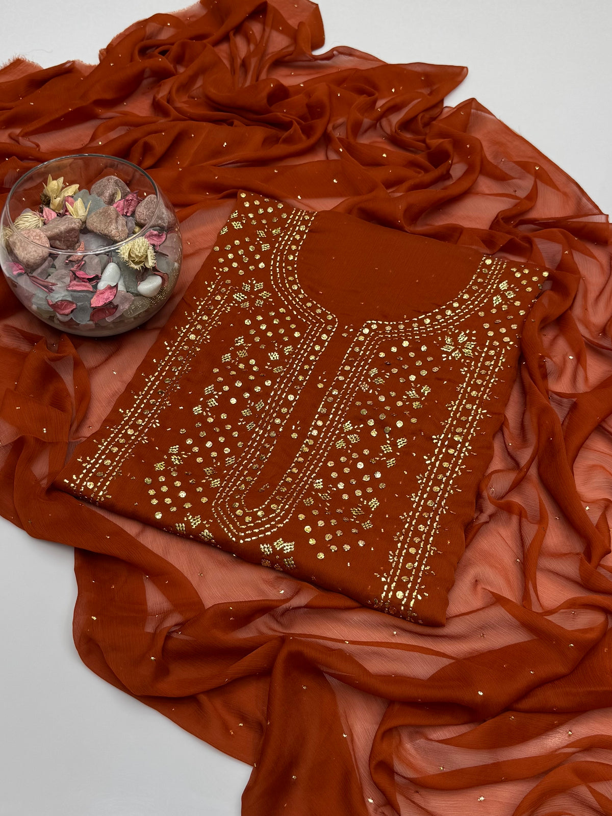 Handmade Golden Mukesh Work On Soft Krinkle Shifoon 2pc Dress 👗